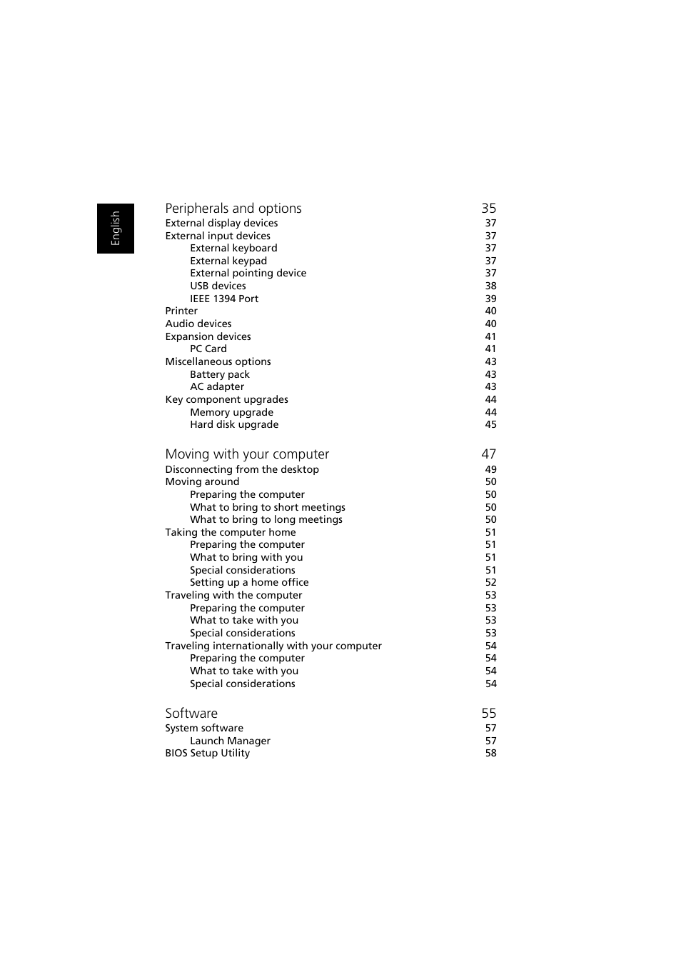 Peripherals and options 35, Moving with your computer 47, Software 55 | Acer Aspire 1350 User Manual | Page 8 / 93