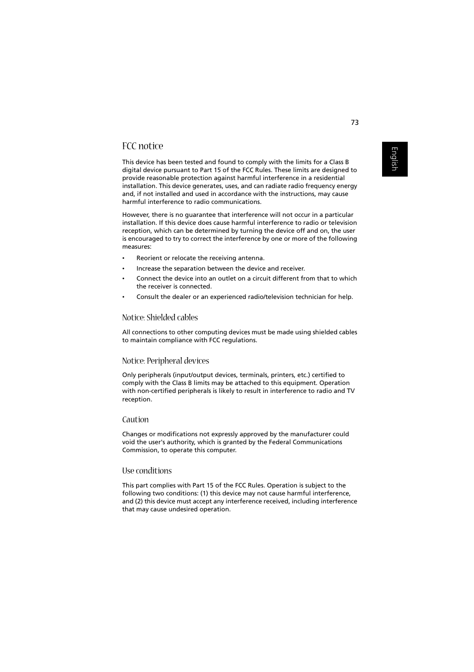 Fcc notice, Notice: shielded cables, Notice: peripheral devices | Caution, Use conditions | Acer Aspire 1350 User Manual | Page 83 / 93