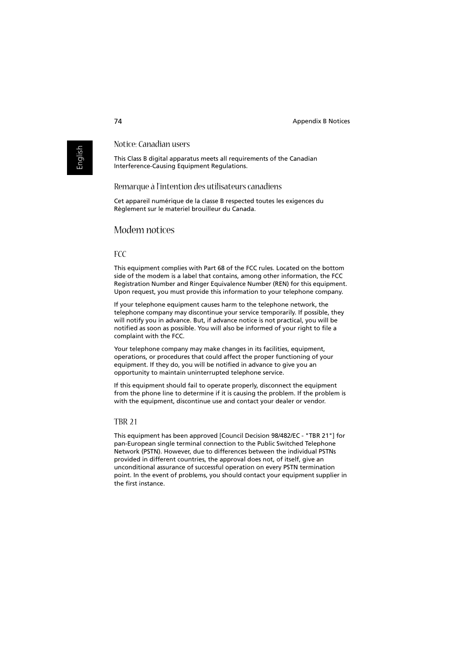 Modem notices, Notice: canadian users, Remarque à l’intention des utilisateurs canadiens | Tbr 21 | Acer Aspire 1350 User Manual | Page 84 / 93