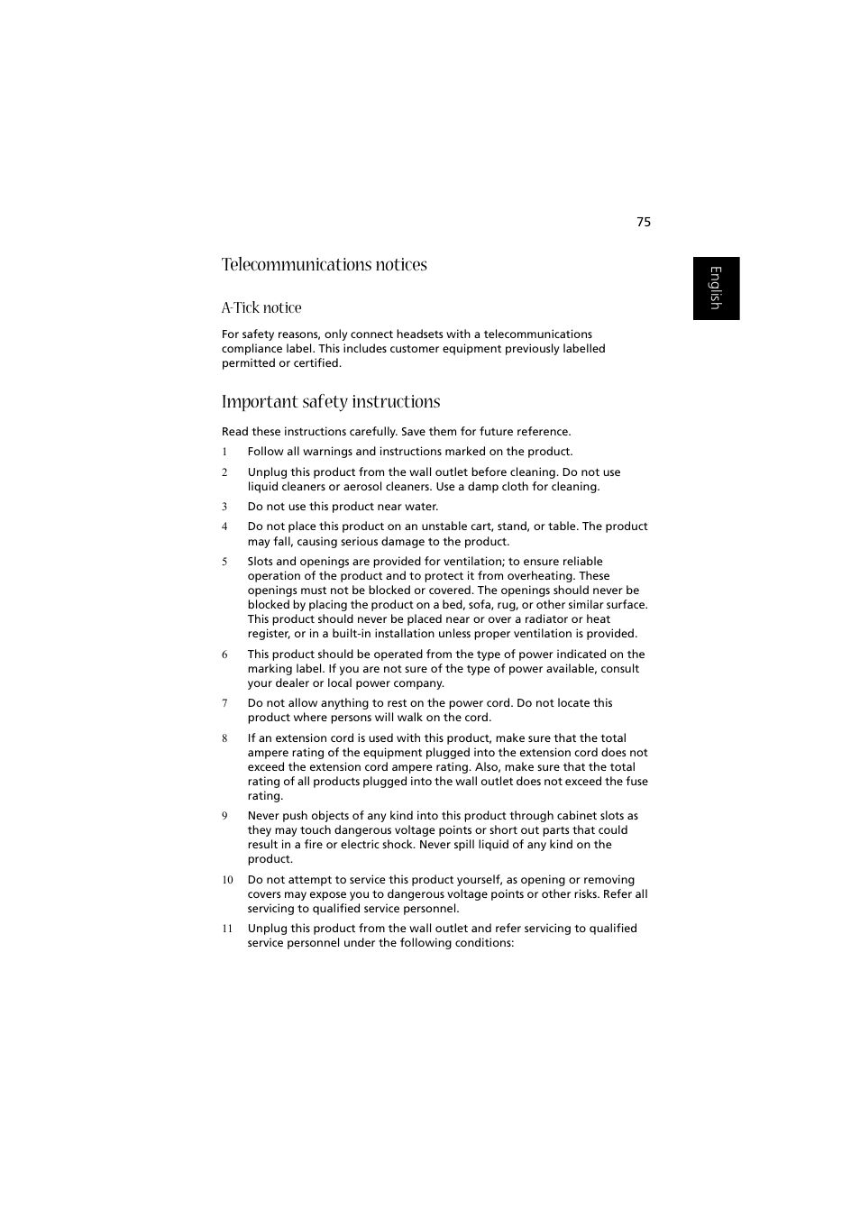 Telecommunications notices, Important safety instructions, A-tick notice | Acer Aspire 1350 User Manual | Page 85 / 93