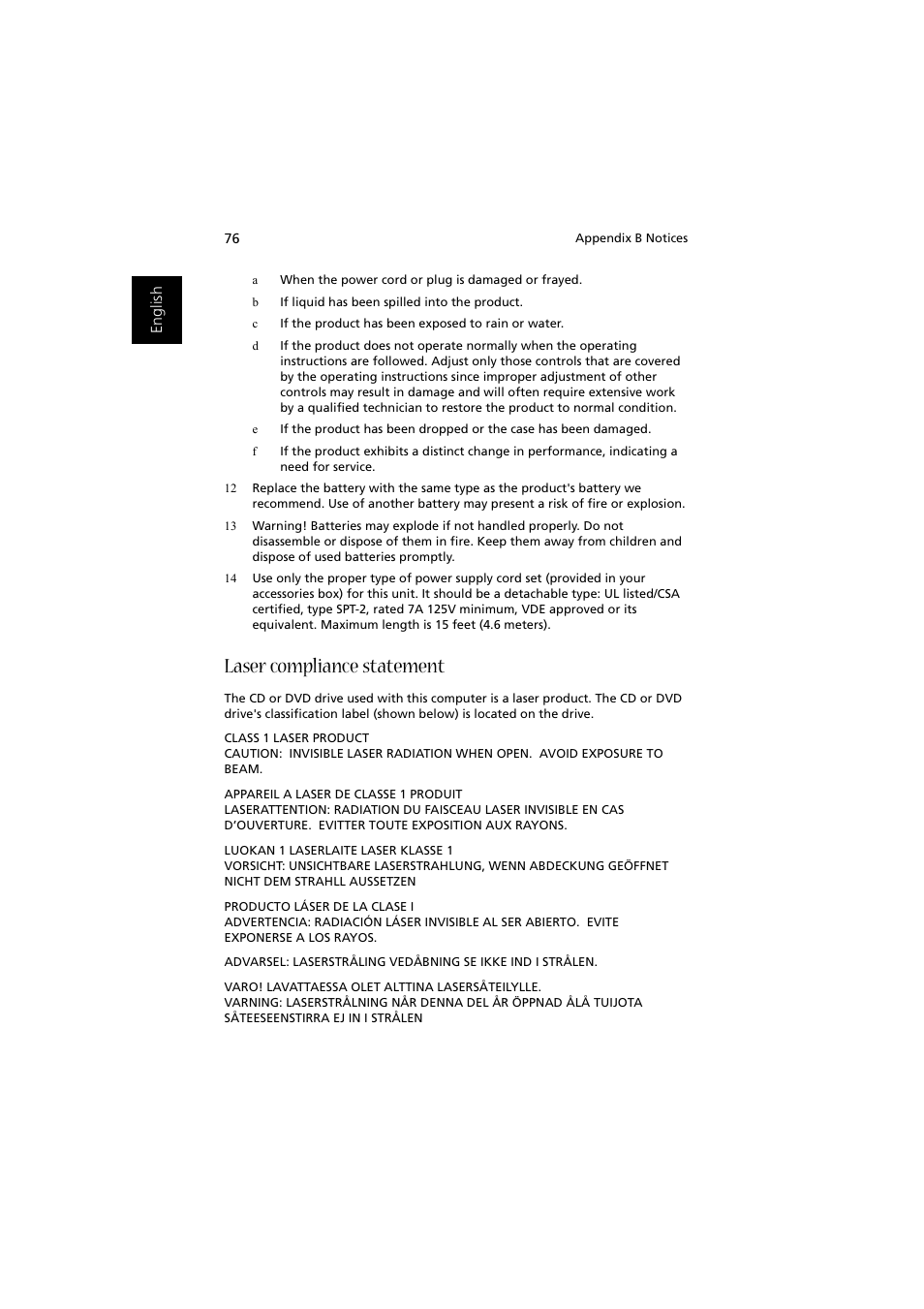 Laser compliance statement | Acer Aspire 1350 User Manual | Page 86 / 93