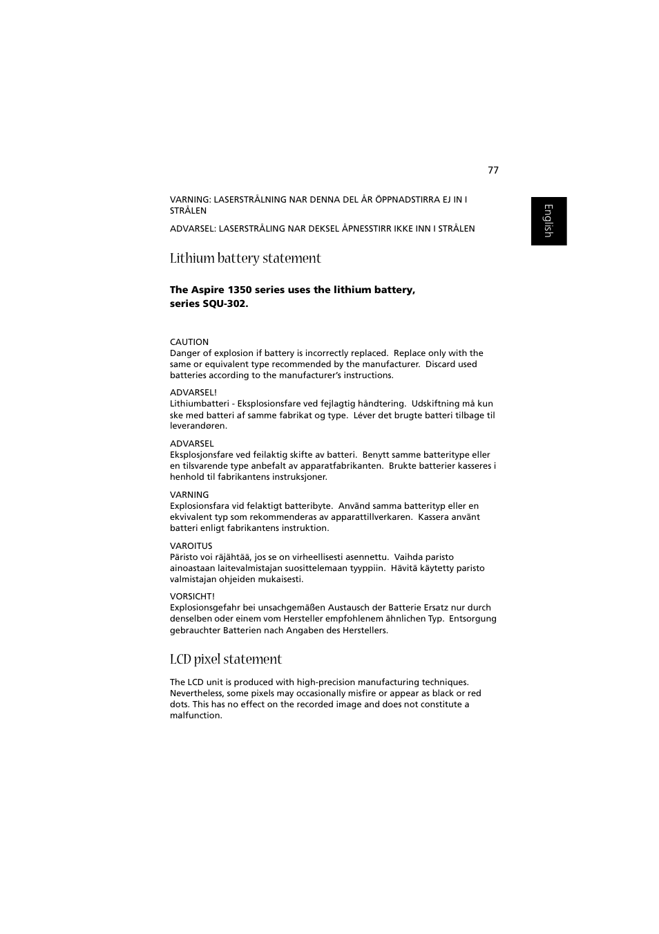 Lithium battery statement, Lcd pixel statement | Acer Aspire 1350 User Manual | Page 87 / 93