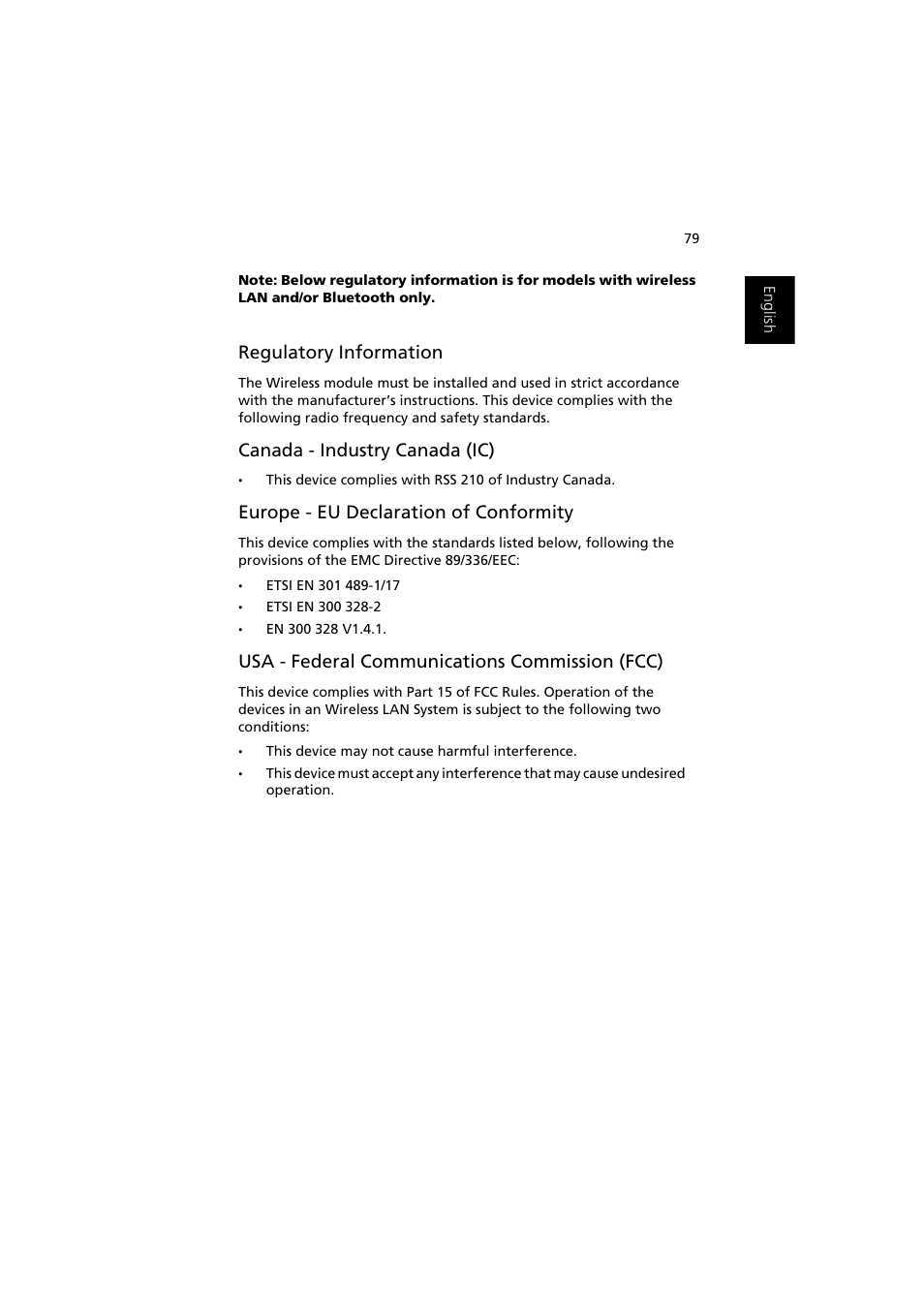 Regulatory information, Canada - industry canada (ic), Europe - eu declaration of conformity | Usa - federal communications commission (fcc) | Acer Aspire 1350 User Manual | Page 89 / 93