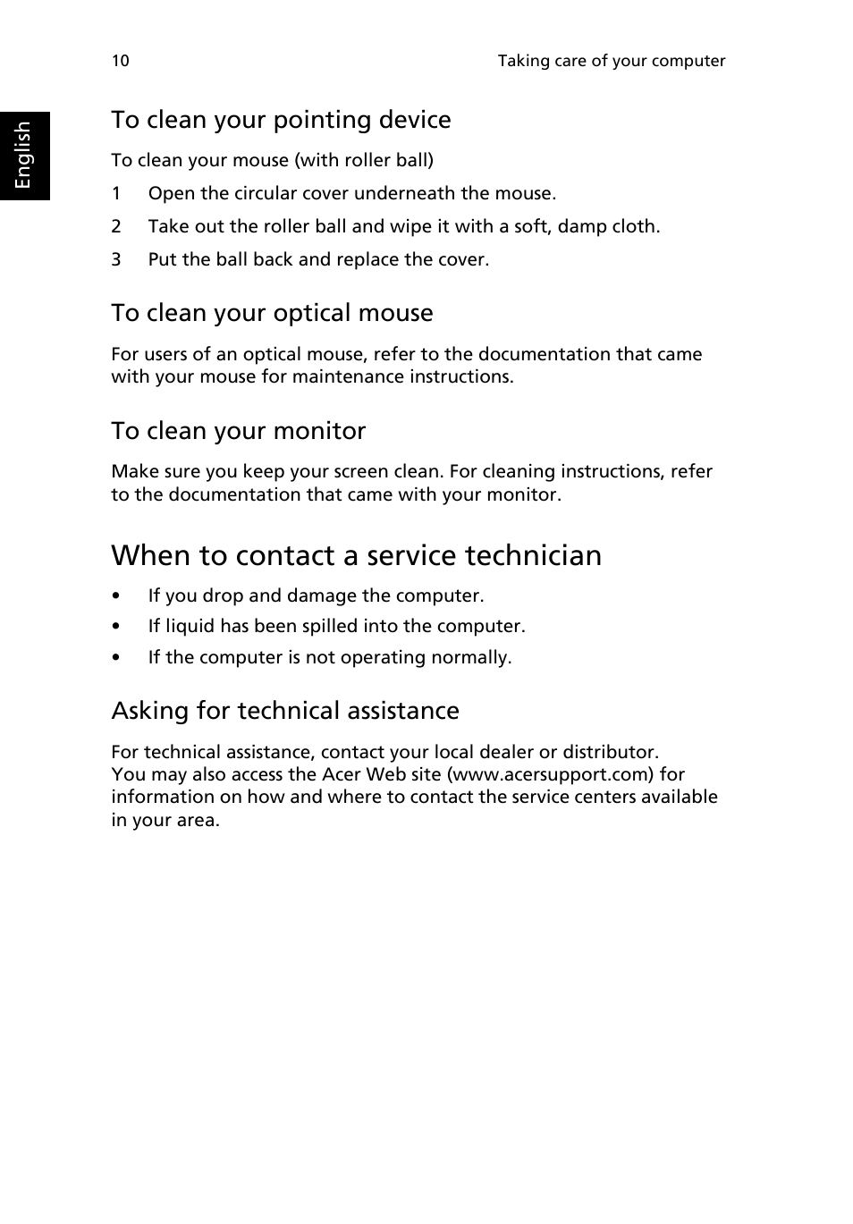 When to contact a service technician, To clean your pointing device, To clean your optical mouse | To clean your monitor, Asking for technical assistance | Acer Aspire T135 User Manual | Page 14 / 22