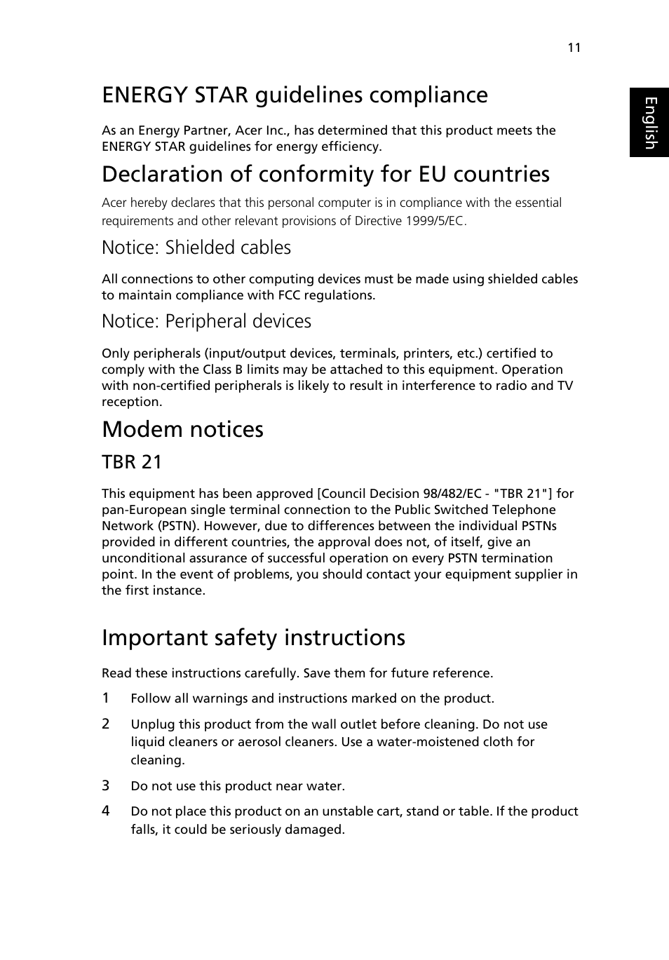 Energy star guidelines compliance, Declaration of conformity for eu countries, Modem notices | Important safety instructions, Tbr 21, Notice: shielded cables, Notice: peripheral devices | Acer Aspire T135 User Manual | Page 15 / 22