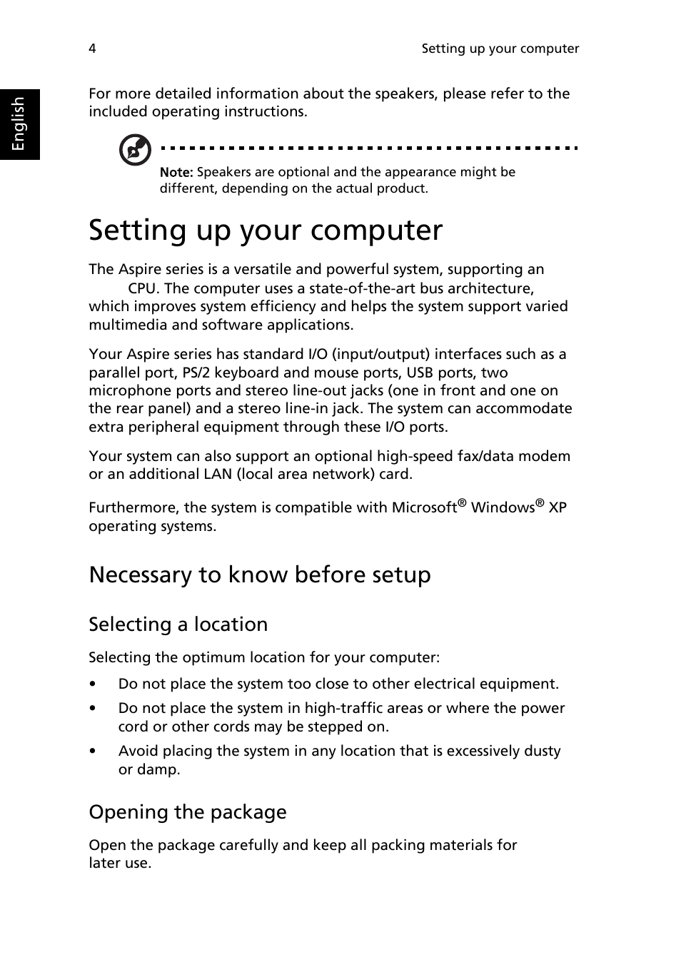 Setting up your computer, Necessary to know before setup, Selecting a location | Opening the package | Acer Aspire T135 User Manual | Page 8 / 22