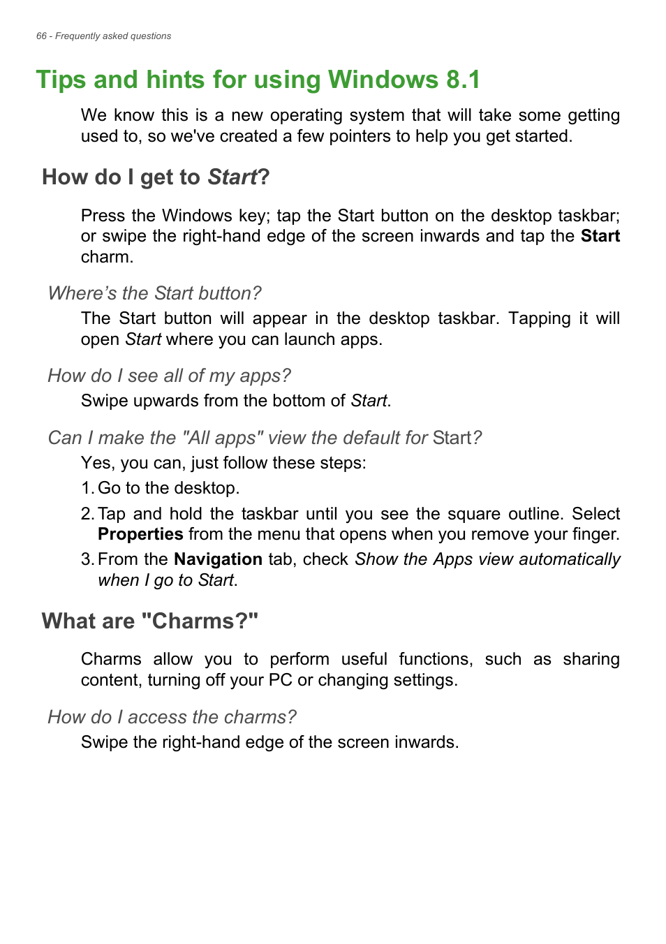Tips and hints for using windows 8.1, How do i get to start, What are "charms | How do i get to start? what are "charms | Acer Aspire V5-122P User Manual | Page 66 / 85