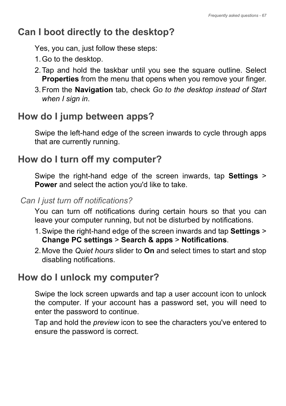 Can i boot directly to the desktop, How do i jump between apps, How do i turn off my computer | How do i unlock my computer | Acer Aspire V5-122P User Manual | Page 67 / 85