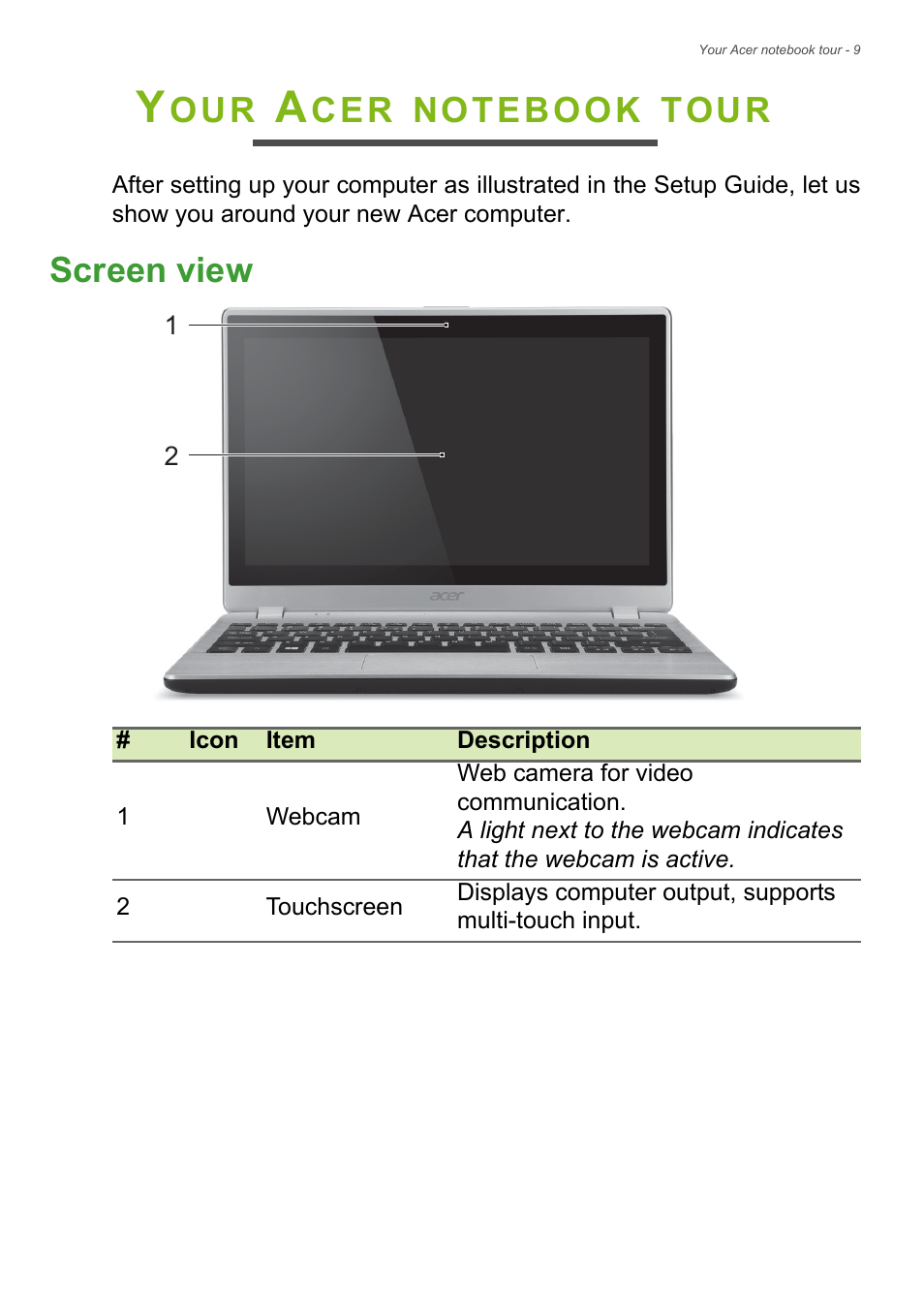 Your acer notebook tour, Screen view, Tour | Acer Aspire V5-122P User Manual | Page 9 / 85