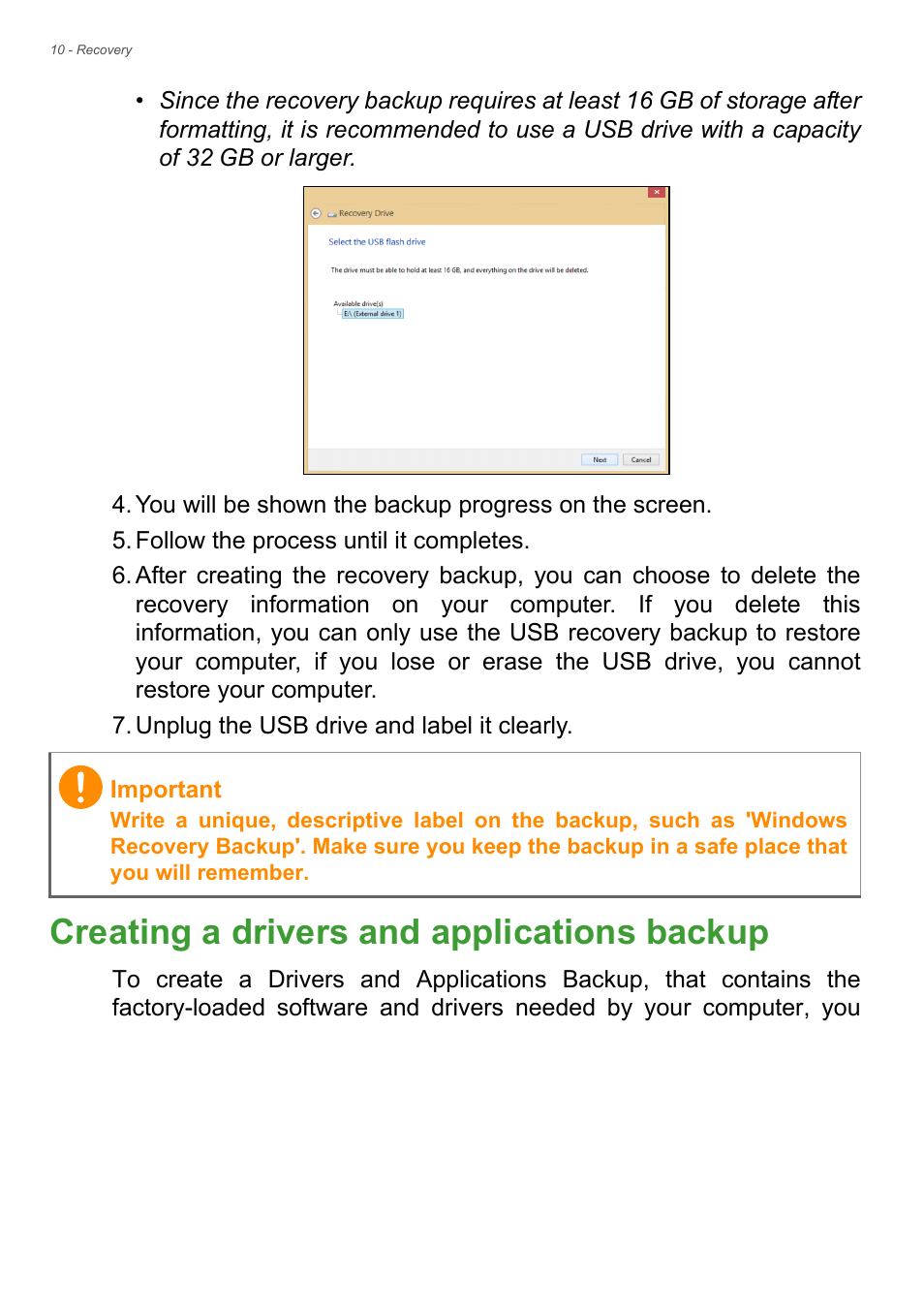 Creating a drivers and applications backup | Acer Aspire ZC-105 User Manual | Page 10 / 63