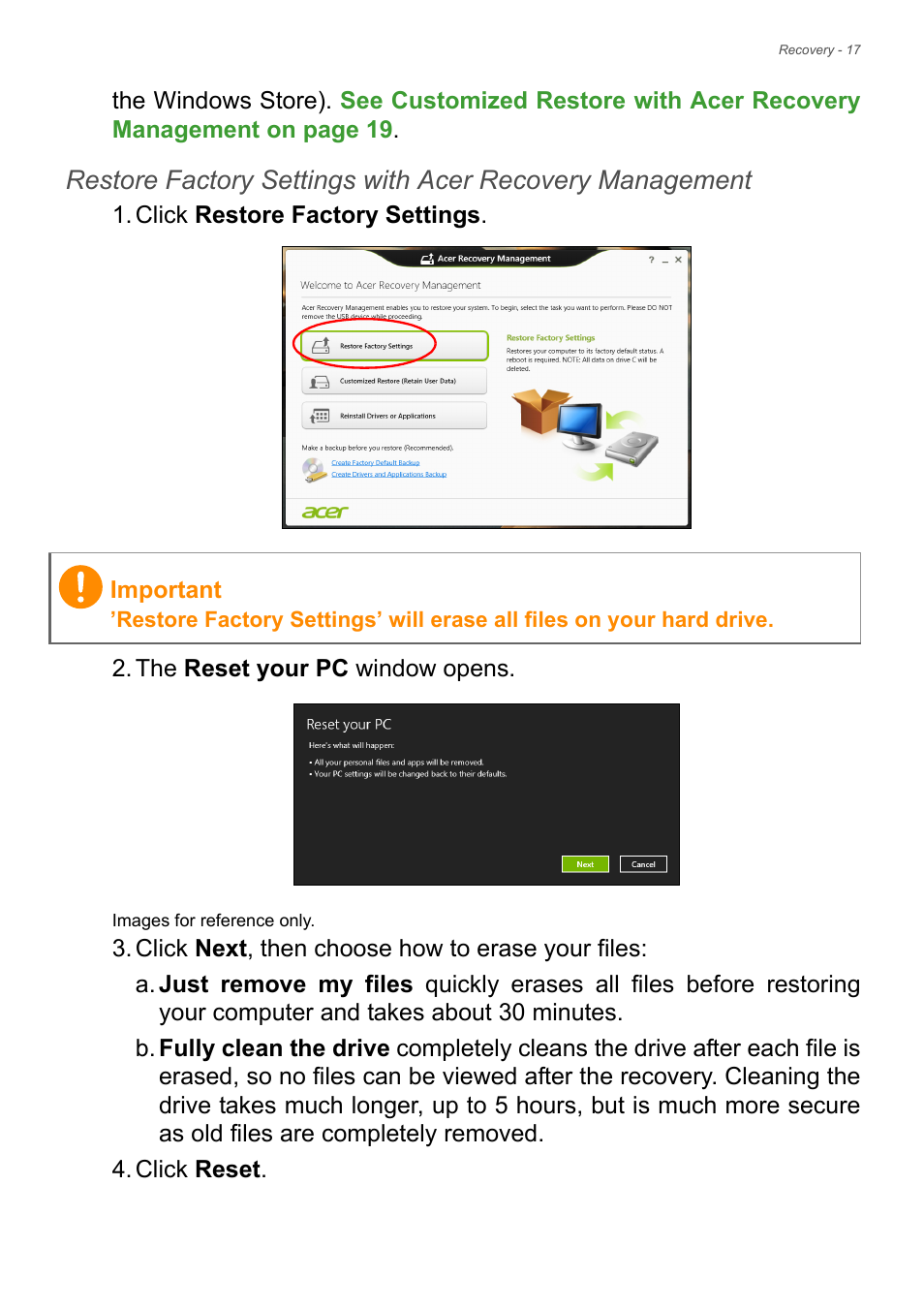 Back them up now, See restore factory settings with acer | Acer Aspire ZC-105 User Manual | Page 17 / 63