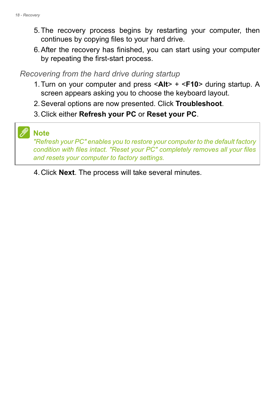 Recovering from the hard drive during startup | Acer Aspire ZC-105 User Manual | Page 18 / 63