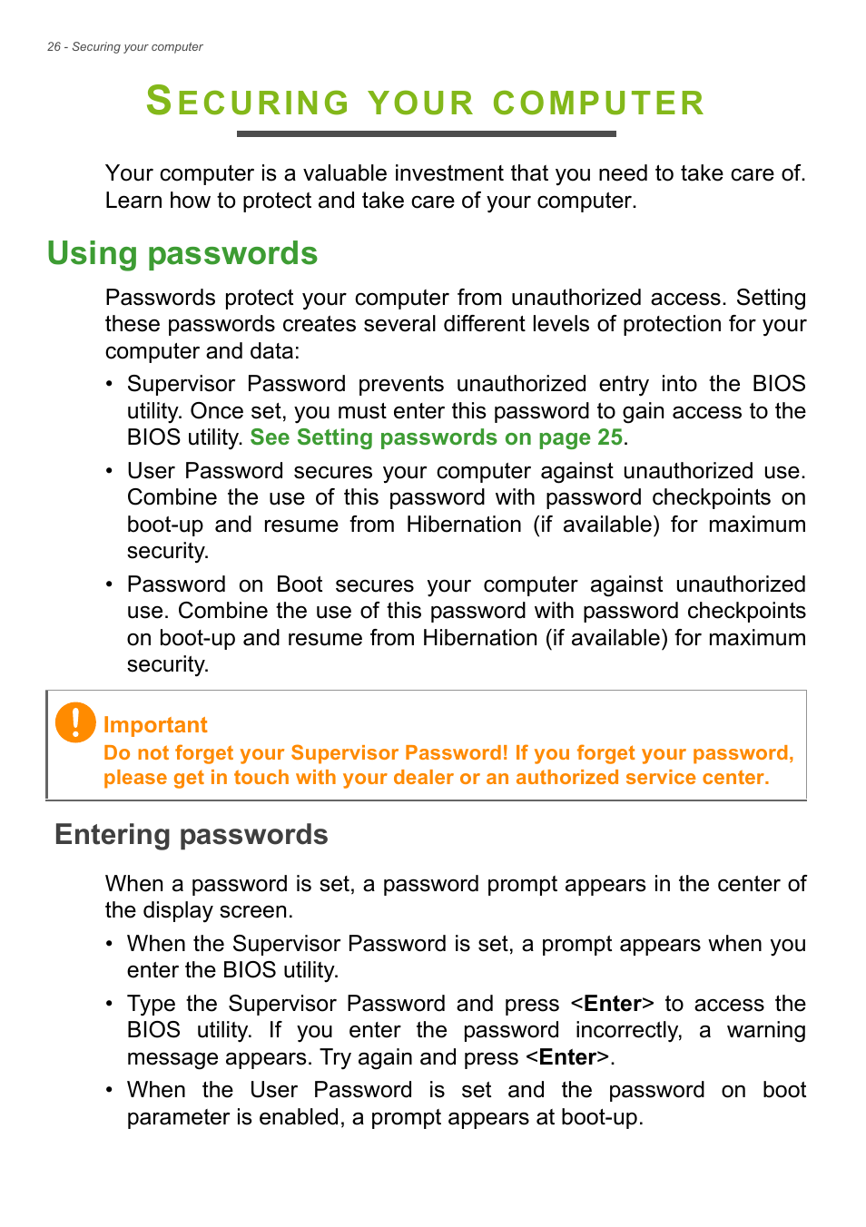 Securing your computer, Using passwords, Entering passwords | Ecuring, Your, Computer | Acer Aspire ZC-105 User Manual | Page 26 / 63