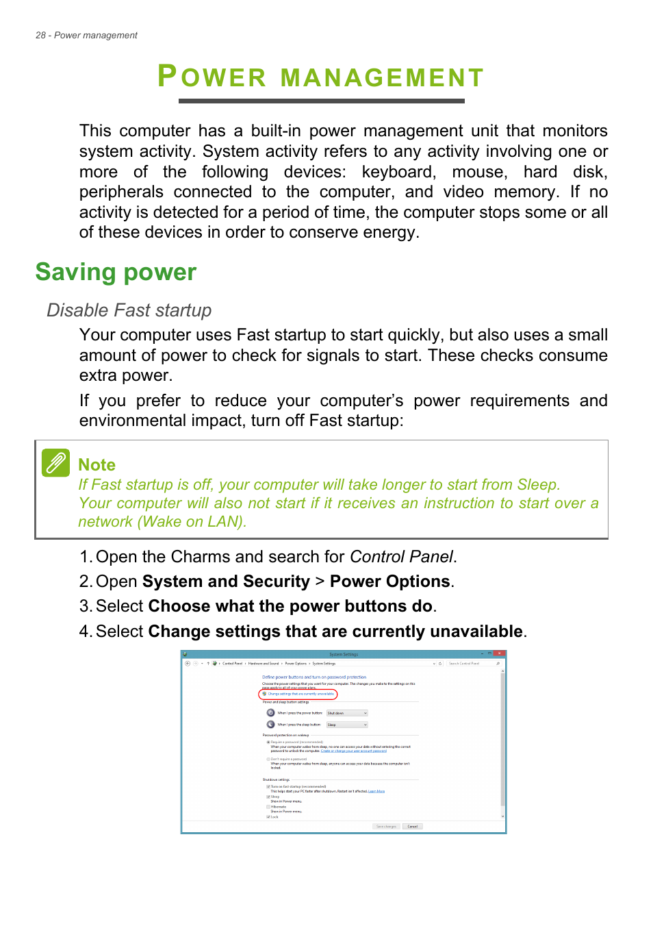 Power management, Saving power, Ower | Management | Acer Aspire ZC-105 User Manual | Page 28 / 63