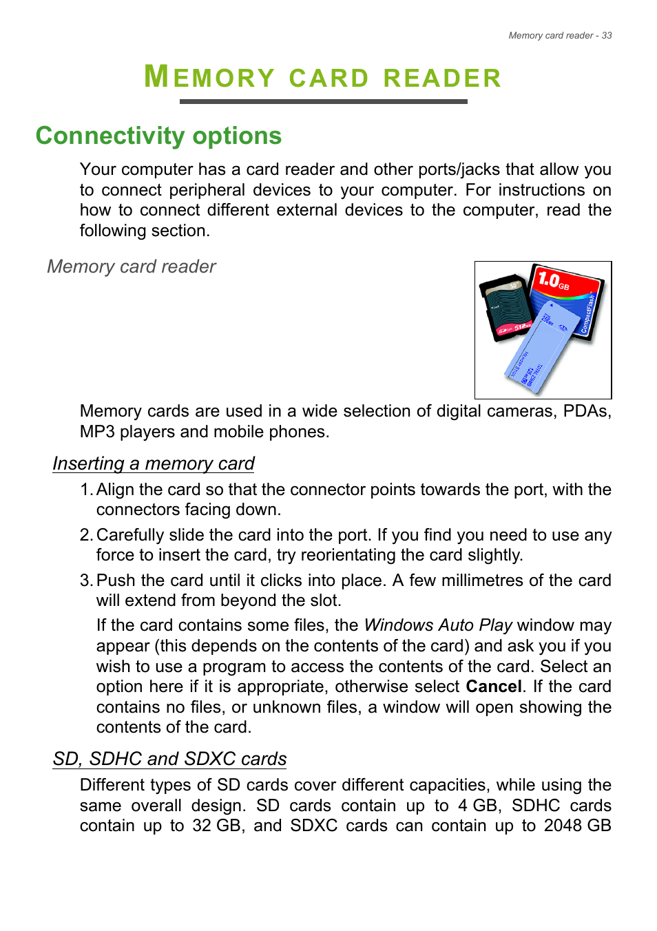 Memory card reader, Connectivity options, Emory | Card, Reader connectivity options | Acer Aspire ZC-105 User Manual | Page 33 / 63