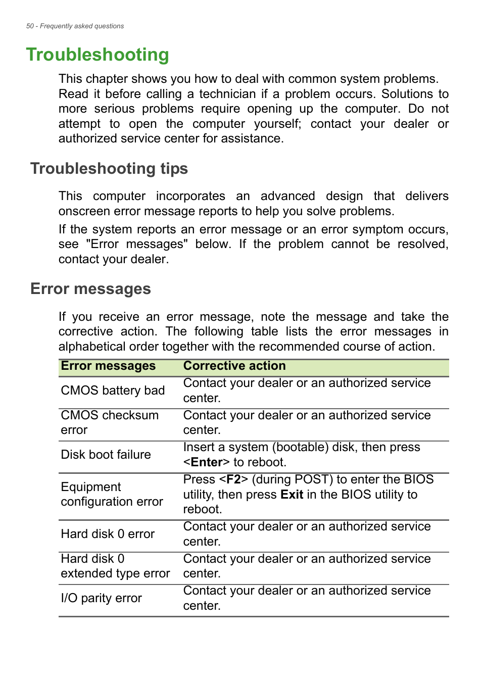 Troubleshooting, Troubleshooting tips, Error messages | Troubleshooting tips error messages, Requently | Acer Aspire ZC-105 User Manual | Page 50 / 63