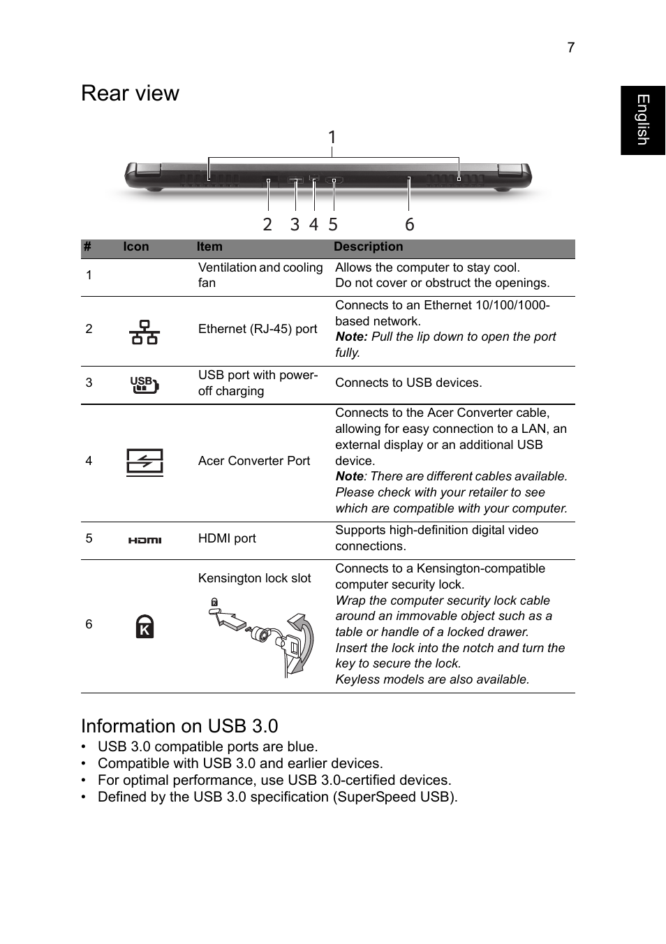 Rear view, Information on usb 3.0 | Acer Aspire V7-481PG User Manual | Page 7 / 10