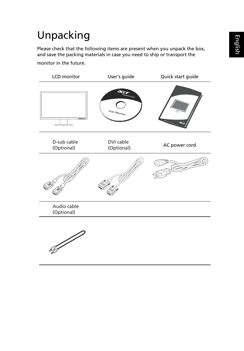 Unpacking | Acer V213HV User Manual | Page 15 / 28