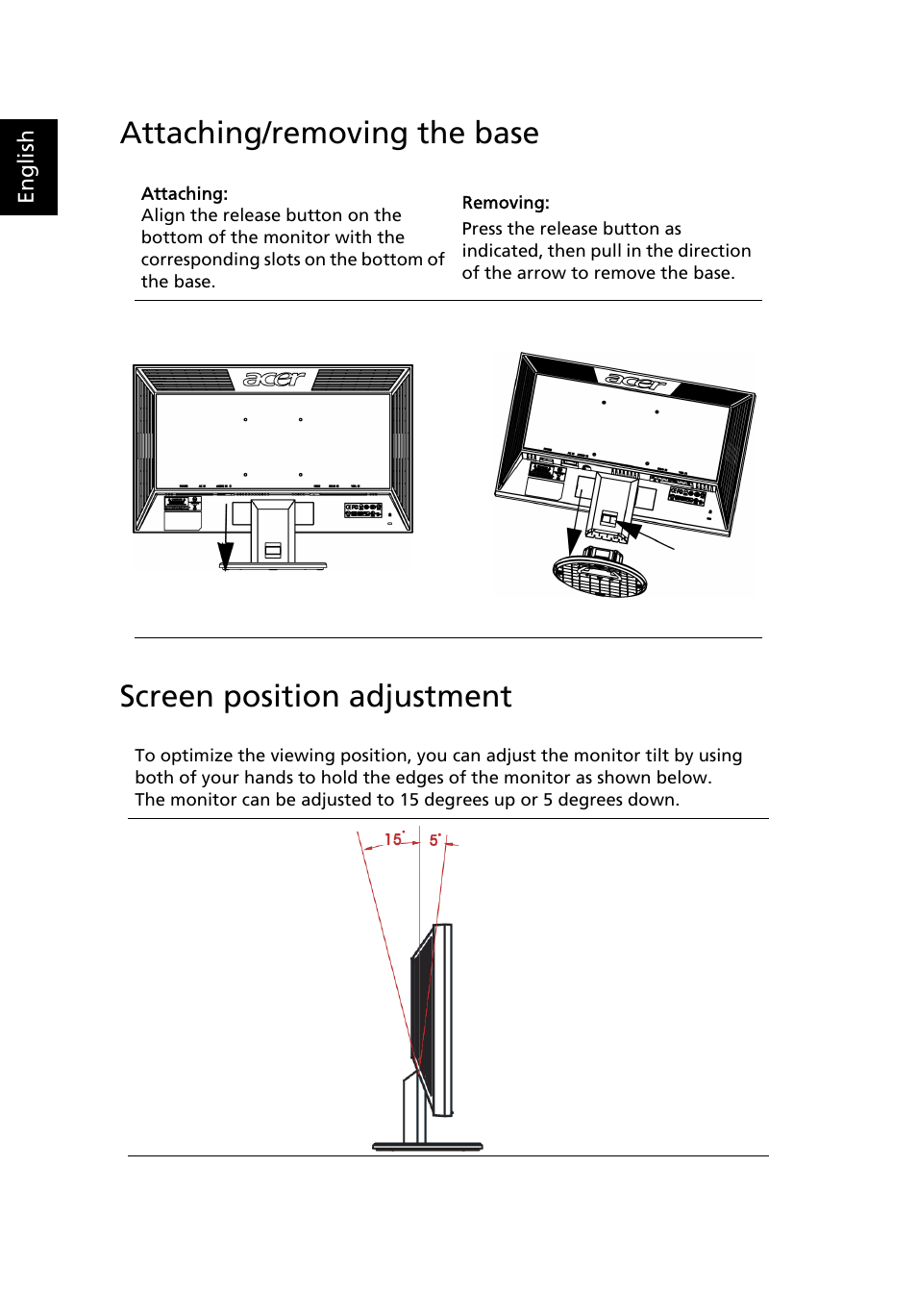 Attaching/removing the base, Screen position adjustment | Acer V213HV User Manual | Page 16 / 28