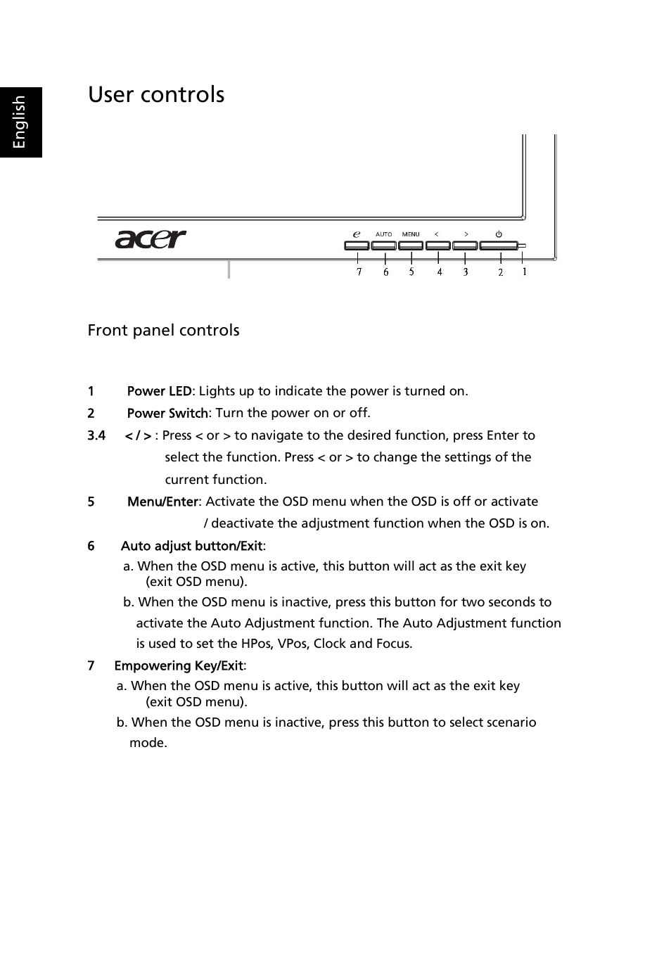 User controls | Acer V213HV User Manual | Page 22 / 28