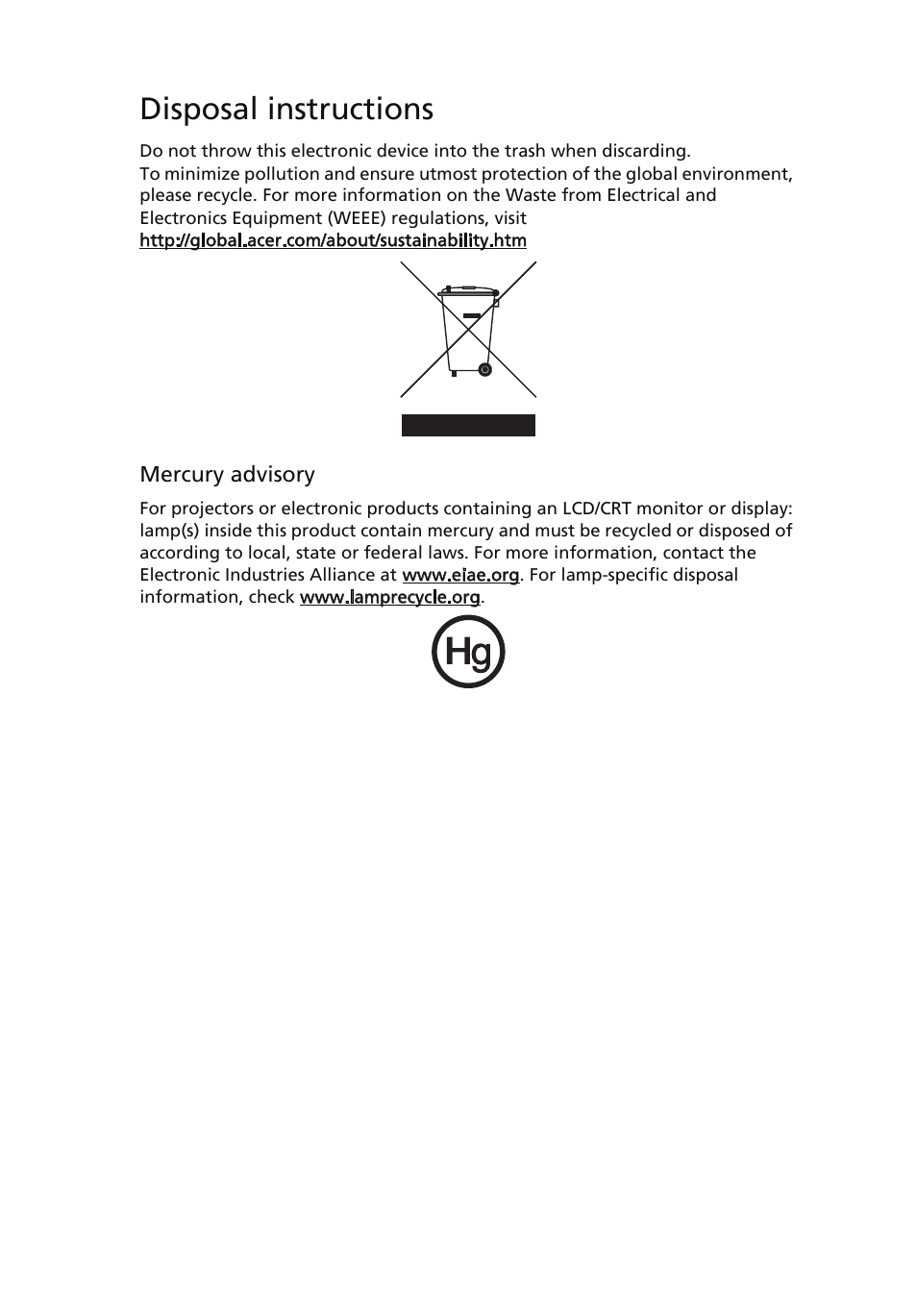 Disposal instructions, Lcd pixel statement | Acer V213HV User Manual | Page 7 / 28