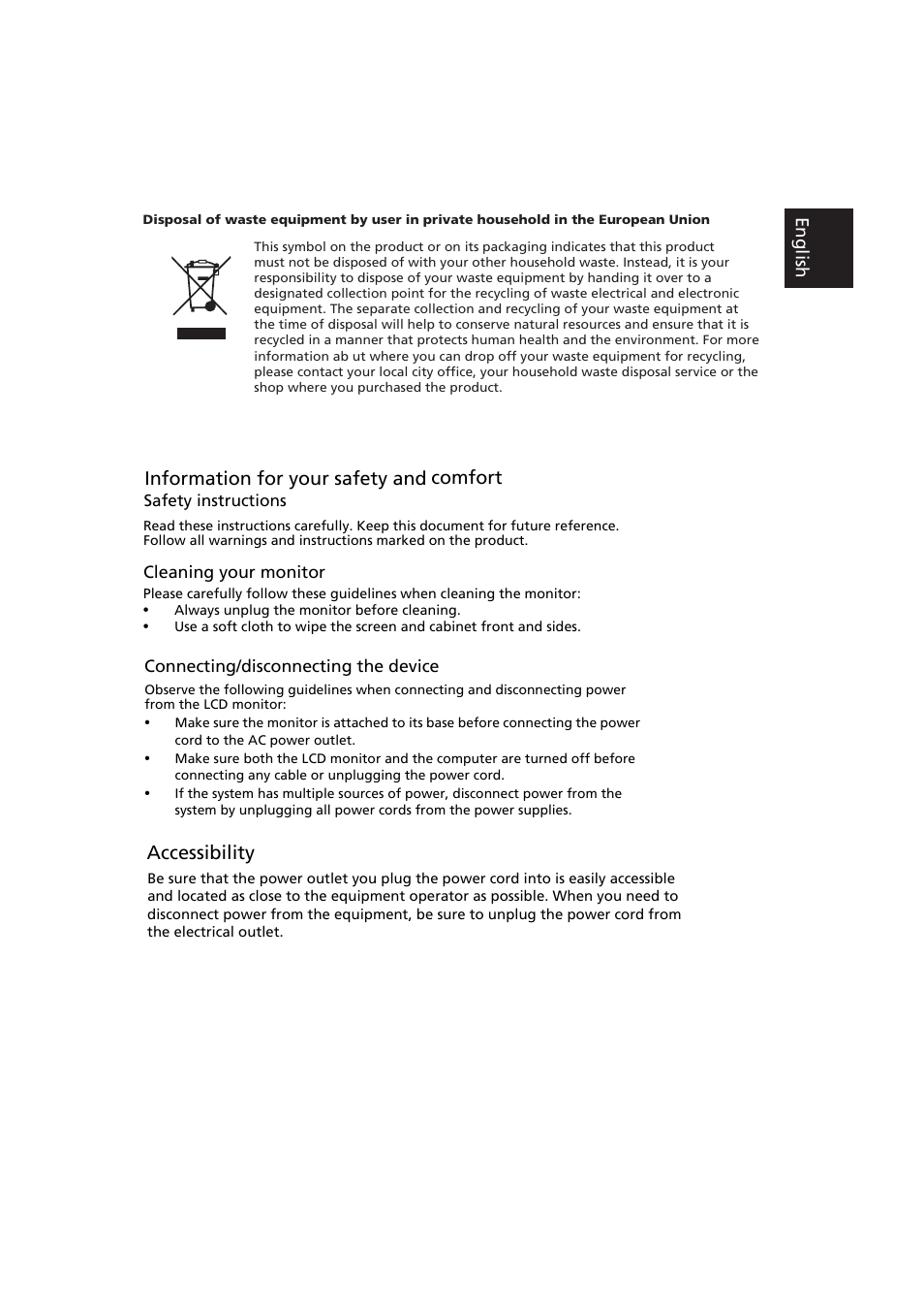 Accessibility, Regulations and safety notices, Information for your safety and comfort | Eng lish, Safety instructions, Cleaning your monitor, Connecting/disconnecting the device | Acer P199WL User Manual | Page 3 / 7