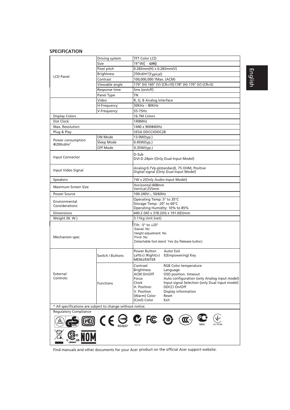 Regulations and safety notices, Eng lish, Specification | Acer P199WL User Manual | Page 7 / 7