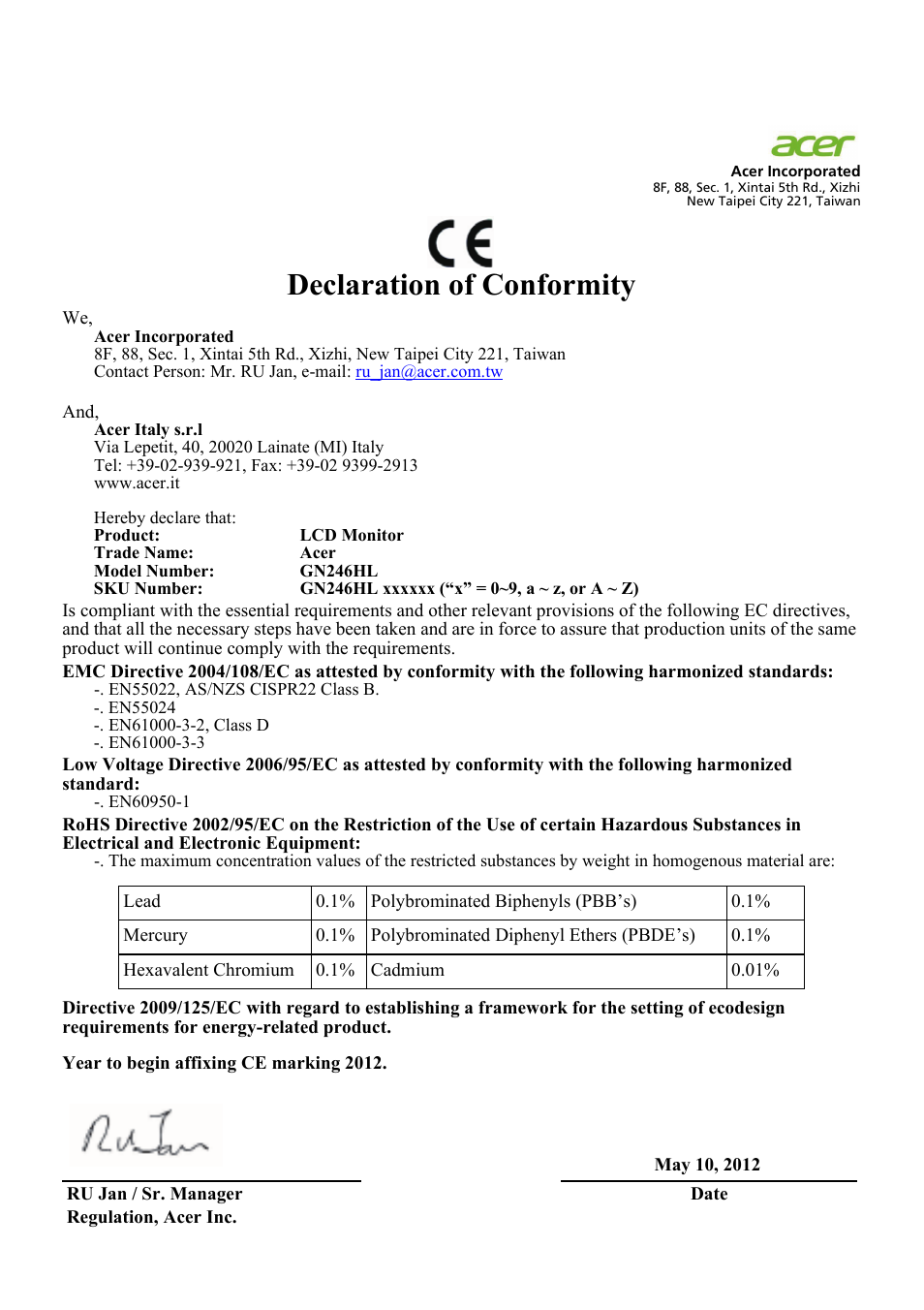 Declaration of conformity | Acer GN246HL User Manual | Page 22 / 37