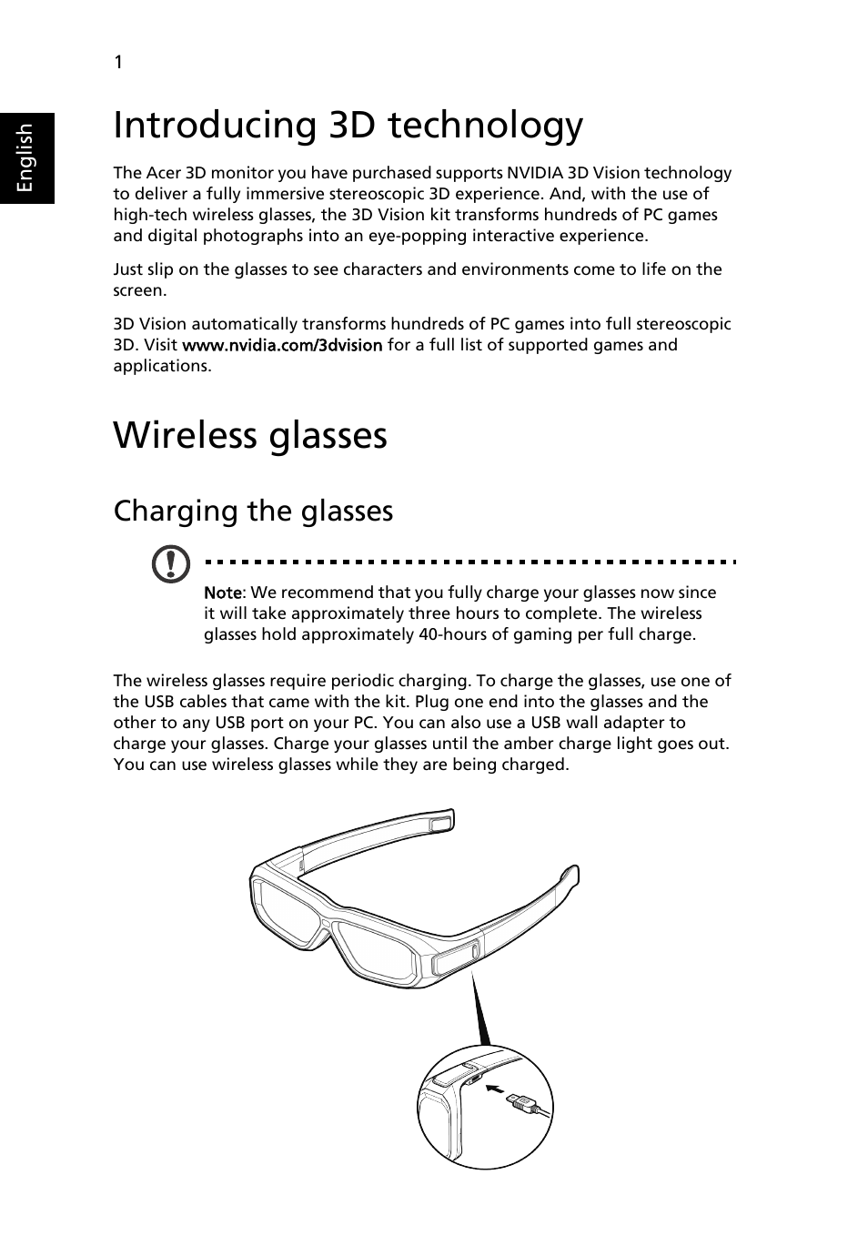 Introducing 3d technology, Wireless glasses, Charging the glasses | Acer GN246HL User Manual | Page 32 / 37