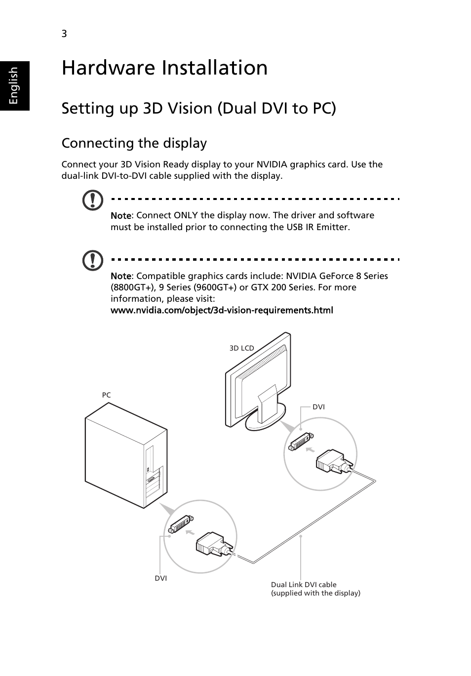 Hardware installation, Setting up 3d vision (dual dvi to pc), Connecting the display | Acer GN246HL User Manual | Page 34 / 37