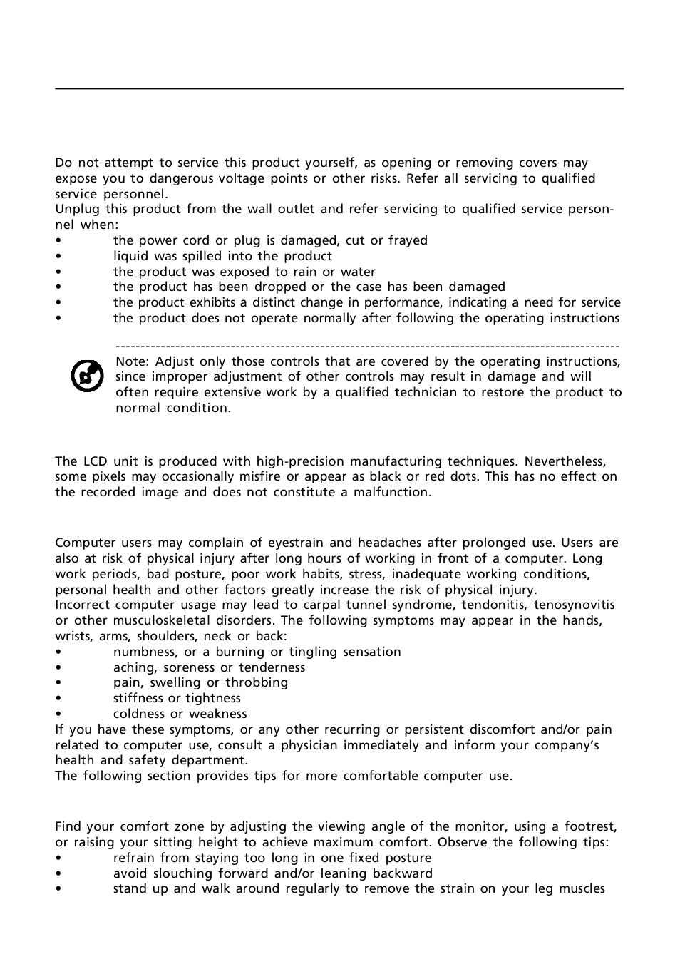 En-3 product servicing, Lcd pixel statement, Tips and information for comfortable use | Finding your comfort zone | Acer GN246HL User Manual | Page 4 / 37