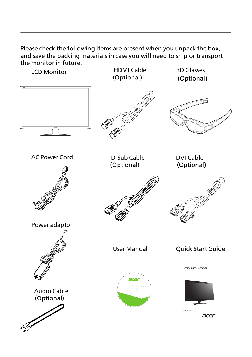 Unpacking, Optional) | Acer GN246HL User Manual | Page 6 / 37