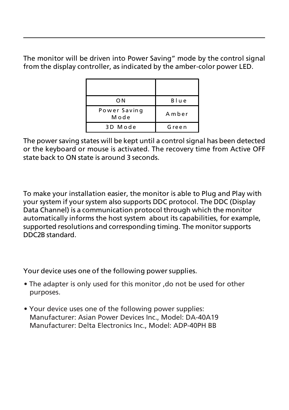 Power saving, Power adaptor | Acer GN246HL User Manual | Page 9 / 37