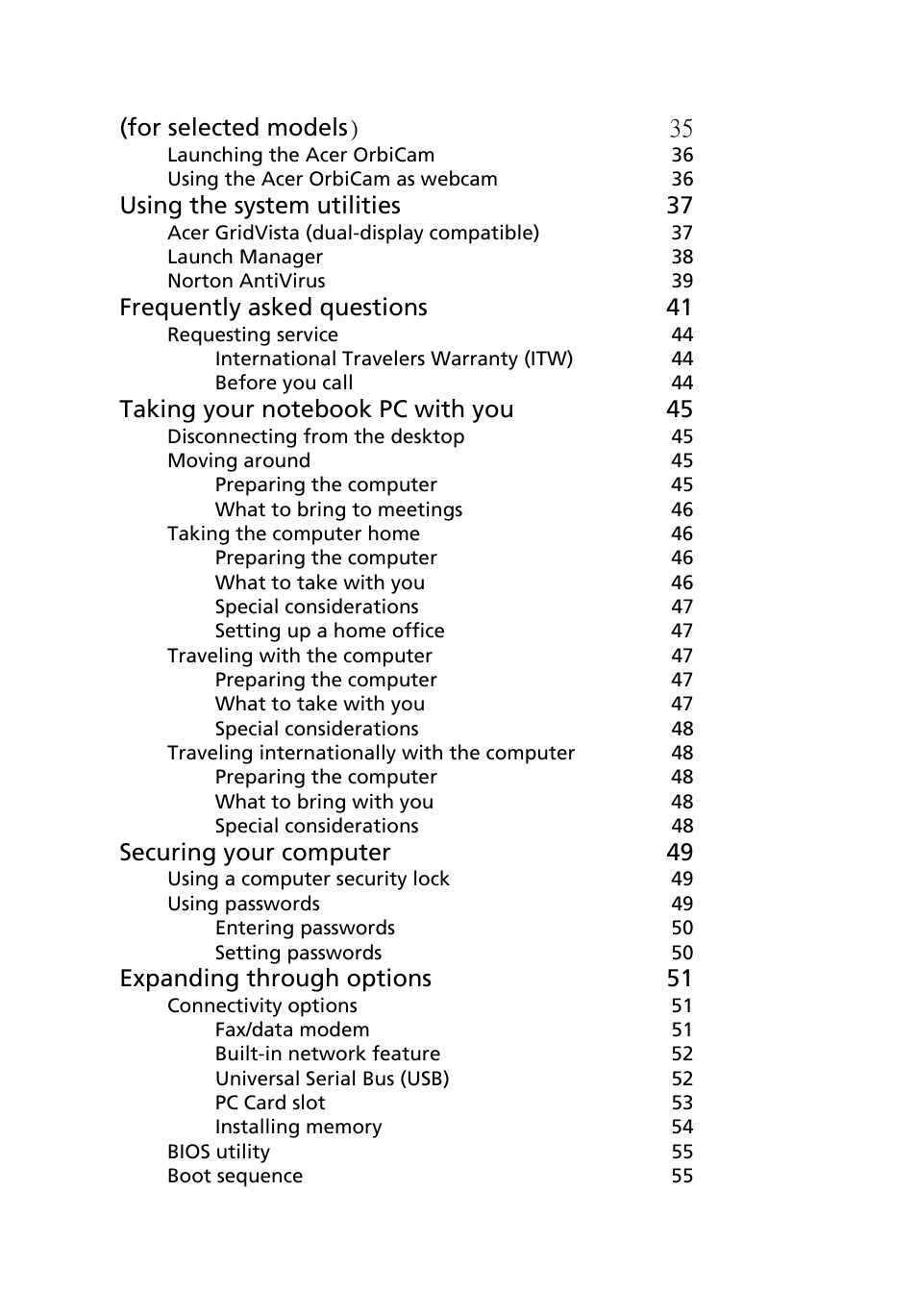 For selected models) 35, Using the system utilities 37, Frequently asked questions 41 | Securing your computer 49, Expanding through options 51 | Acer TravelMate 2440 User Manual | Page 12 / 90