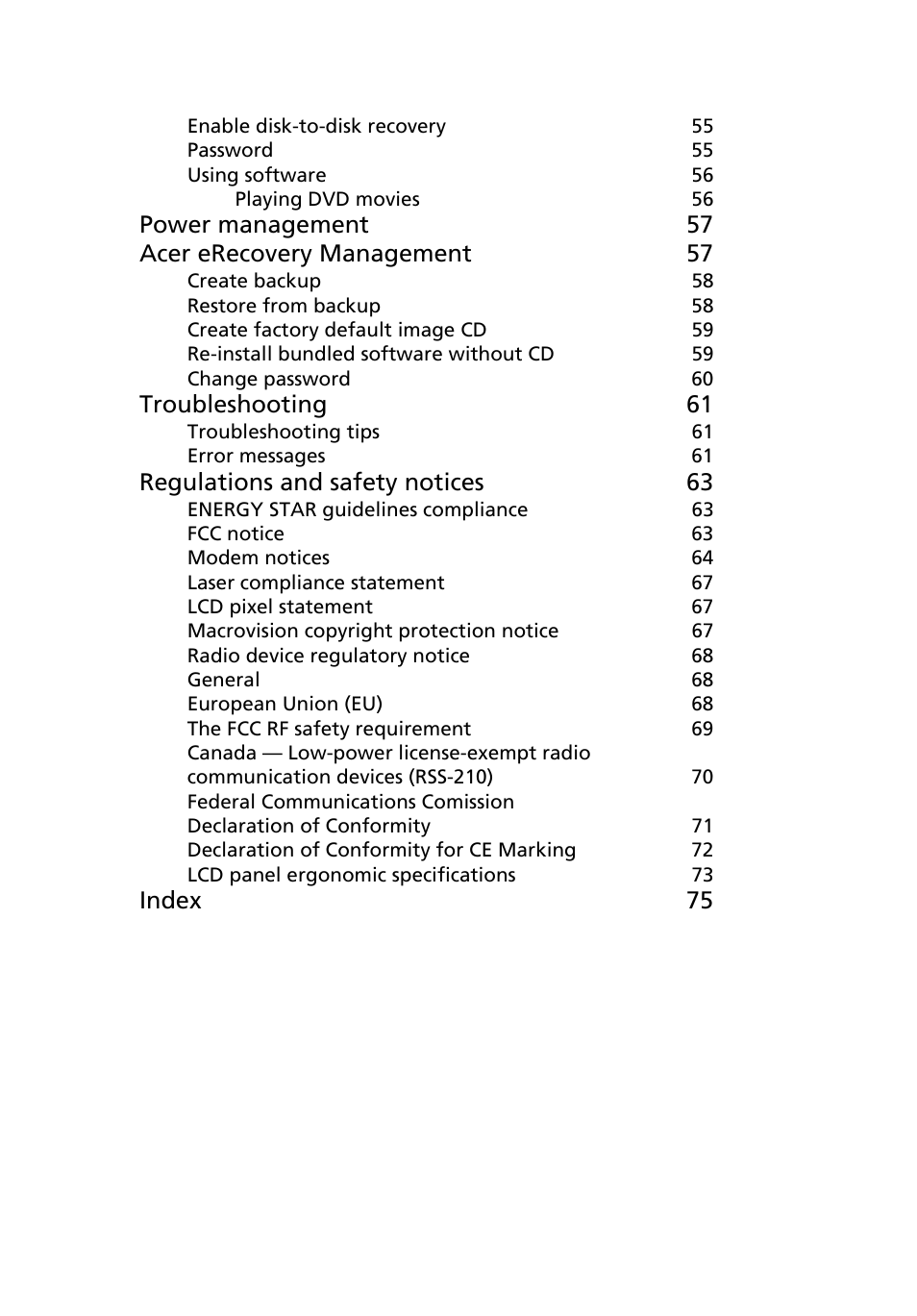 Power management 57 acer erecovery management 57, Troubleshooting 61, Regulations and safety notices 63 | Index 75 | Acer TravelMate 2440 User Manual | Page 13 / 90