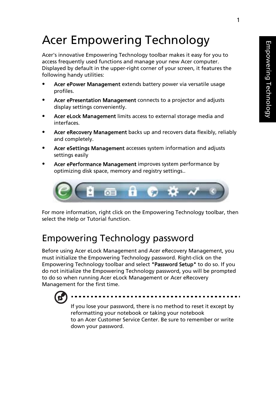 Acer empowering technology, Empowering technology password | Acer TravelMate 2440 User Manual | Page 15 / 90