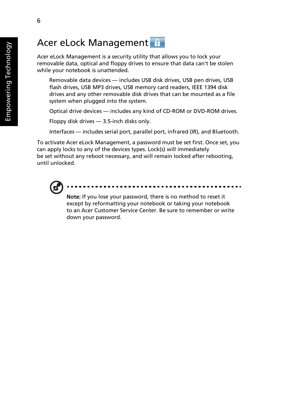 Acer elock management | Acer TravelMate 2440 User Manual | Page 20 / 90