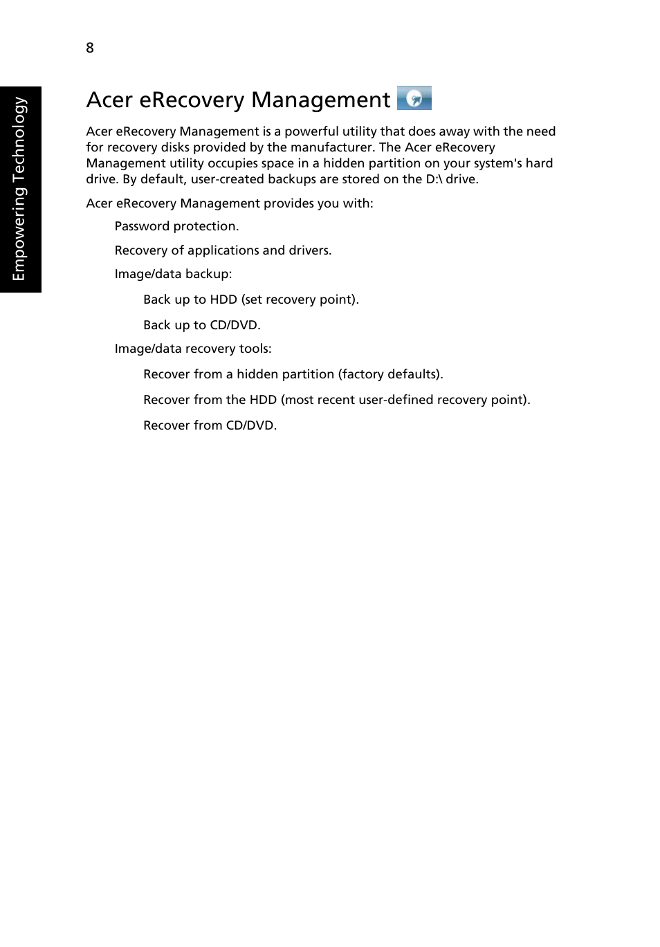 Acer erecovery management | Acer TravelMate 2440 User Manual | Page 22 / 90