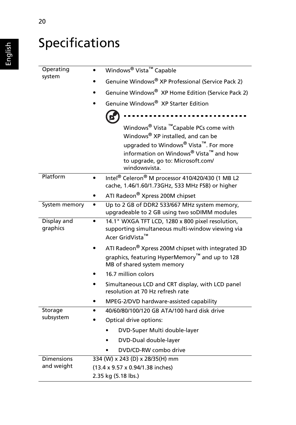 Specifications, English | Acer TravelMate 2440 User Manual | Page 34 / 90