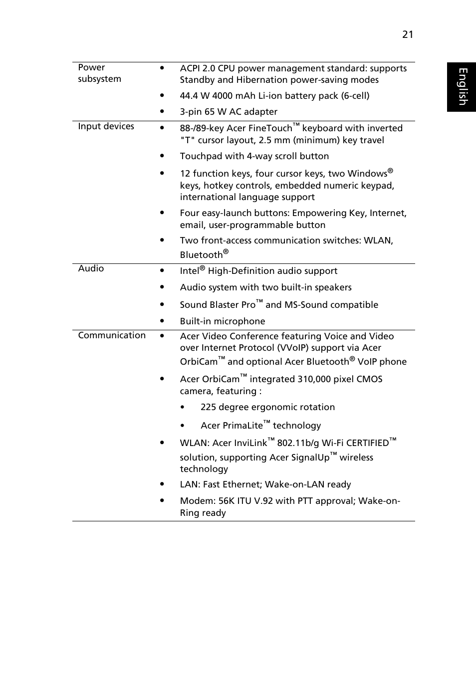 Eng lis h | Acer TravelMate 2440 User Manual | Page 35 / 90