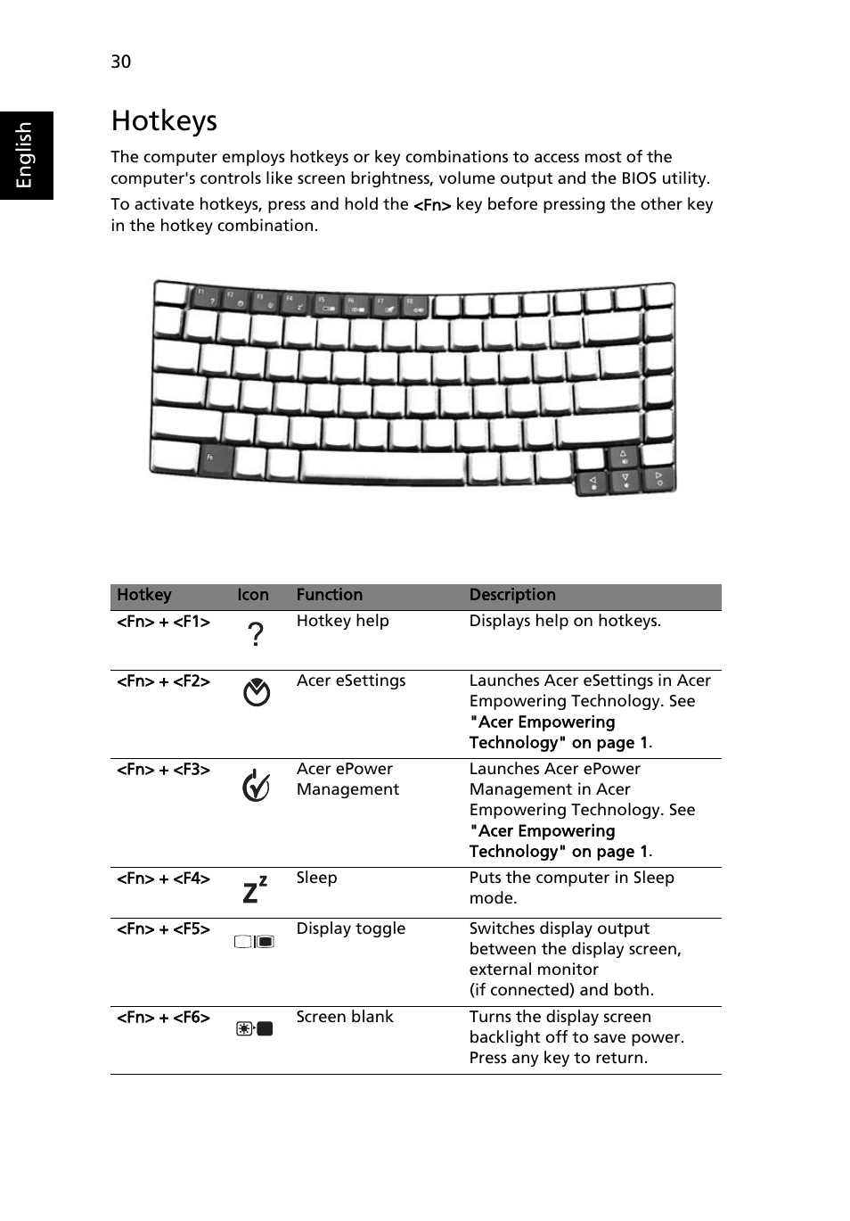 Hotkeys | Acer TravelMate 2440 User Manual | Page 44 / 90