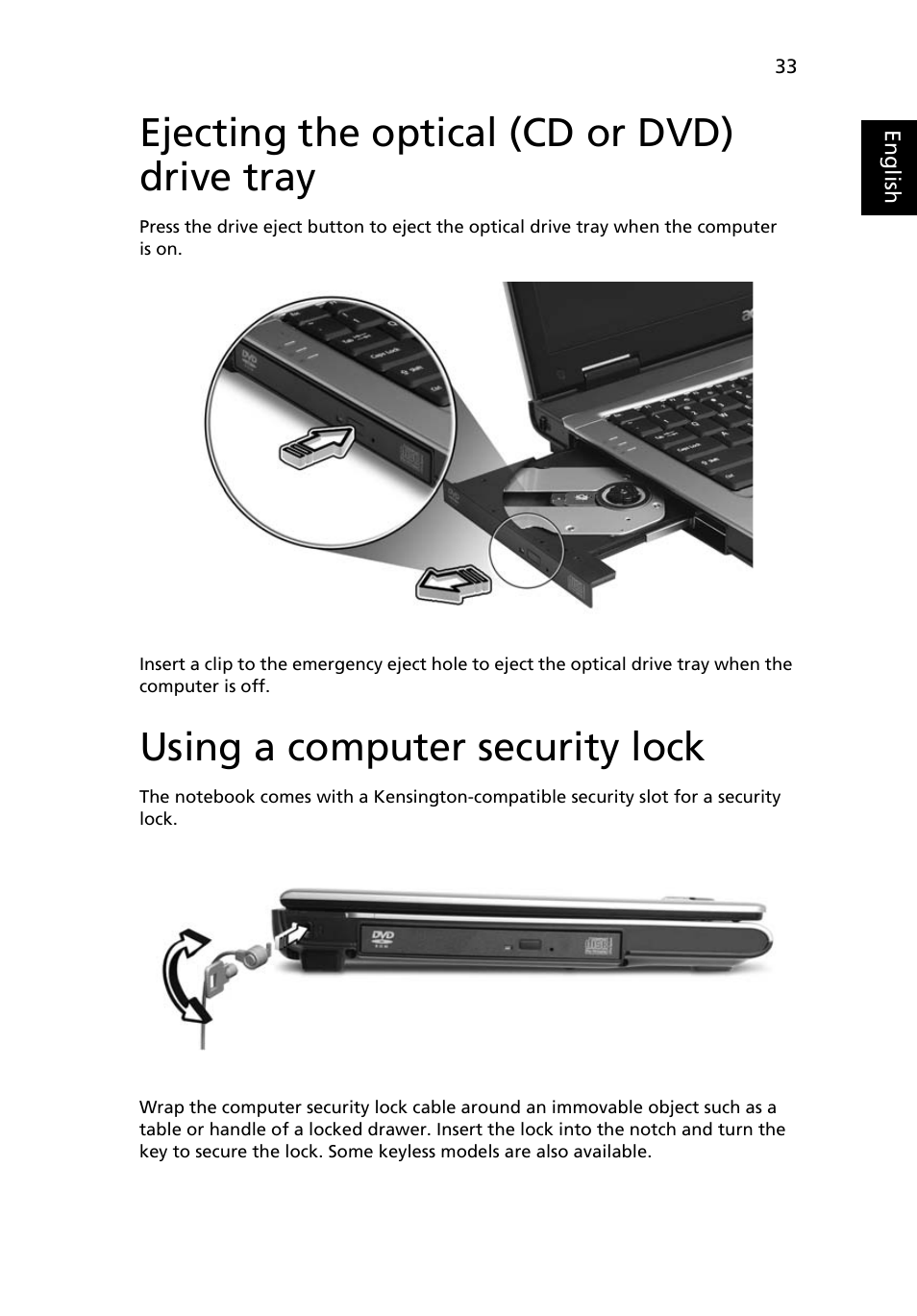 Ejecting the optical (cd or dvd) drive tray, Using a computer security lock | Acer TravelMate 2440 User Manual | Page 47 / 90