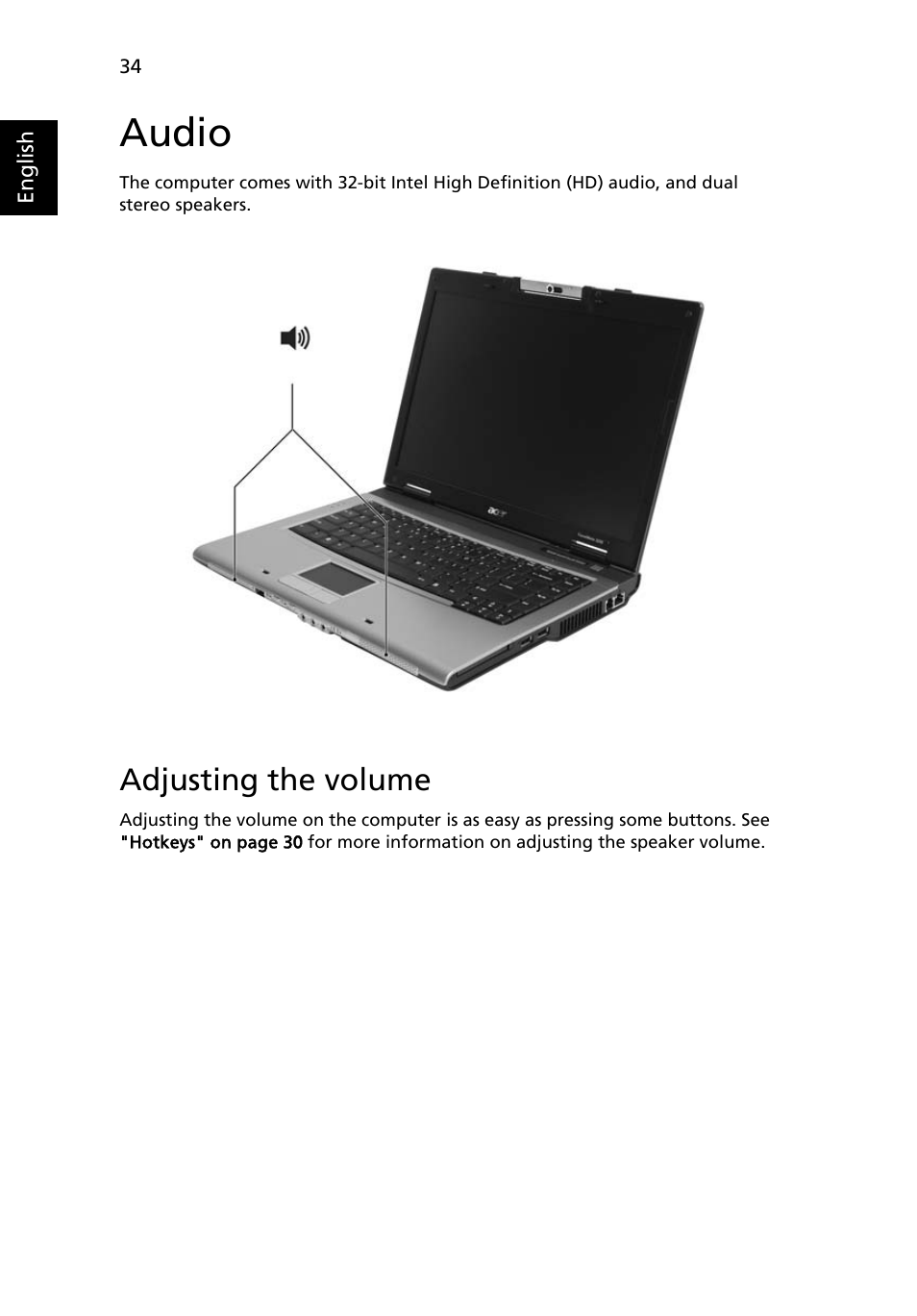 Audio, Adjusting the volume | Acer TravelMate 2440 User Manual | Page 48 / 90