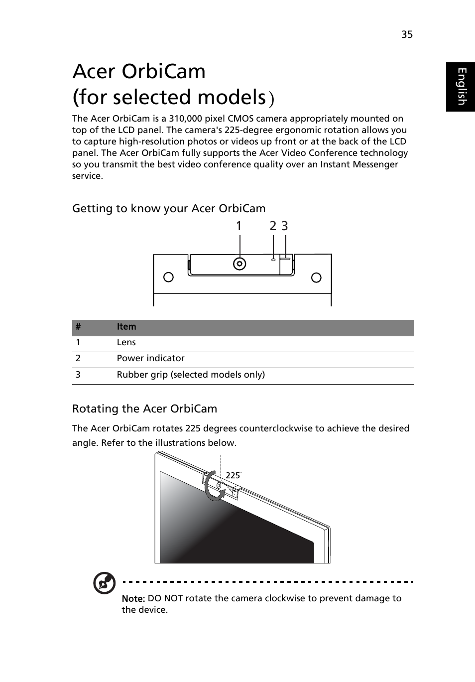 Acer orbicam (for selected models), Acer orbicam | Acer TravelMate 2440 User Manual | Page 49 / 90