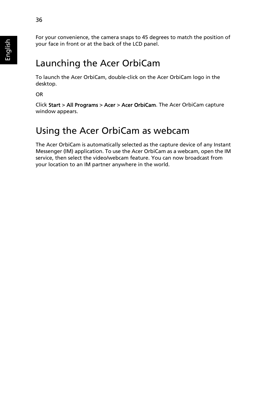 Launching the acer orbicam, Using the acer orbicam as webcam | Acer TravelMate 2440 User Manual | Page 50 / 90