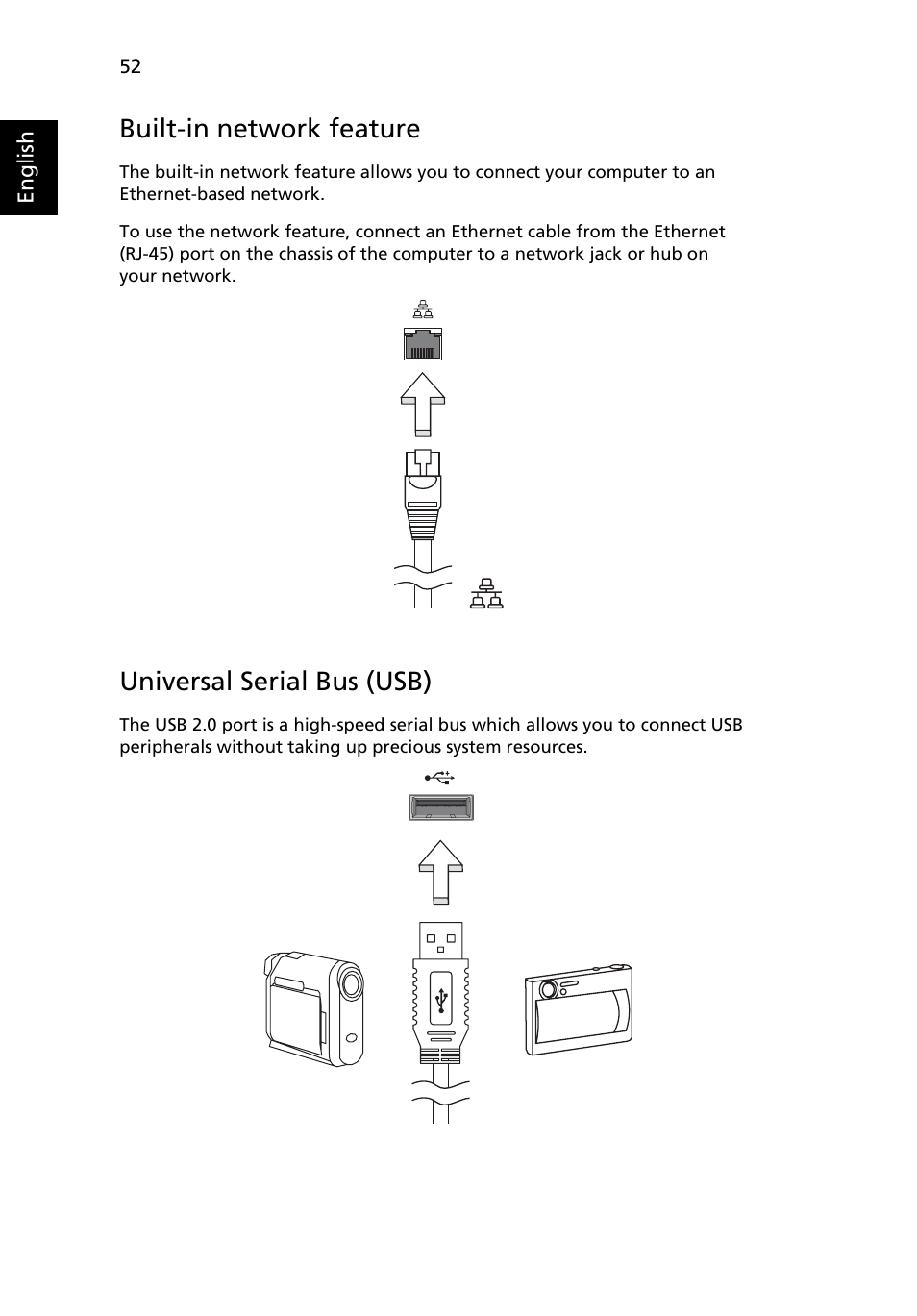 Built-in network feature, Universal serial bus (usb) | Acer TravelMate 2440 User Manual | Page 66 / 90