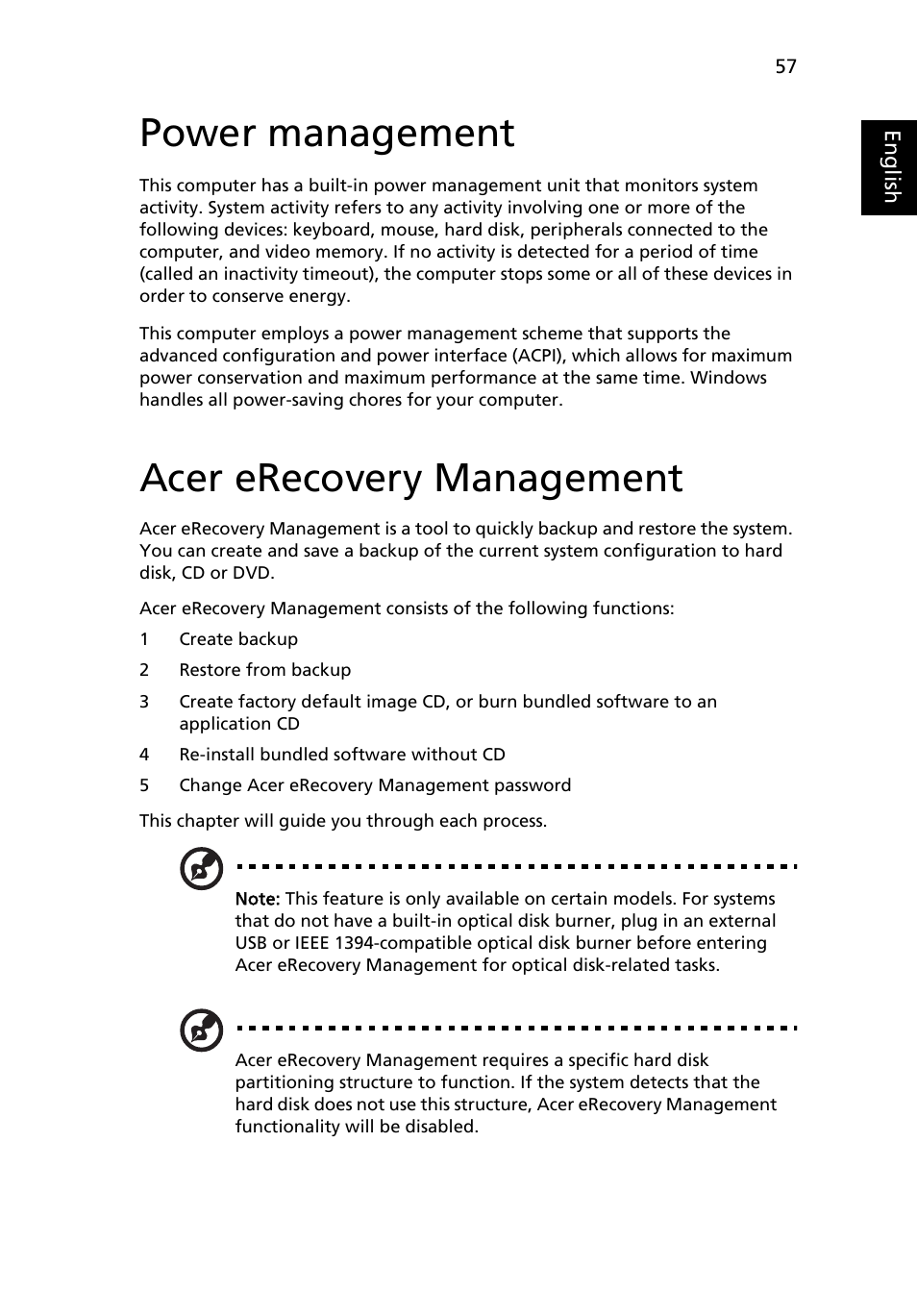 Power management, Acer erecovery management | Acer TravelMate 2440 User Manual | Page 71 / 90