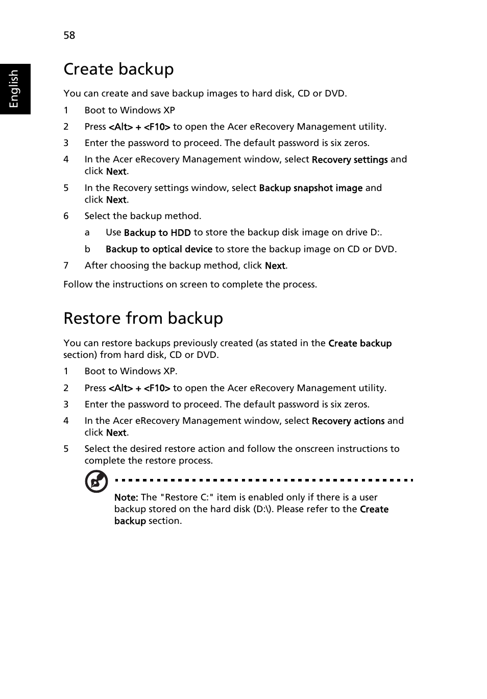 Create backup, Restore from backup | Acer TravelMate 2440 User Manual | Page 72 / 90