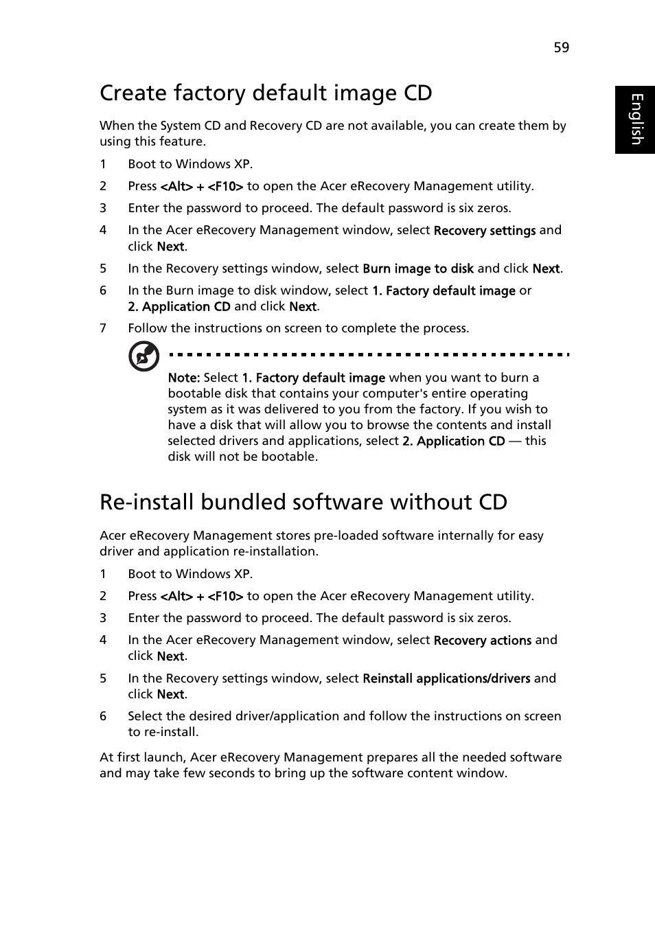 Create factory default image cd, Re-install bundled software without cd | Acer TravelMate 2440 User Manual | Page 73 / 90