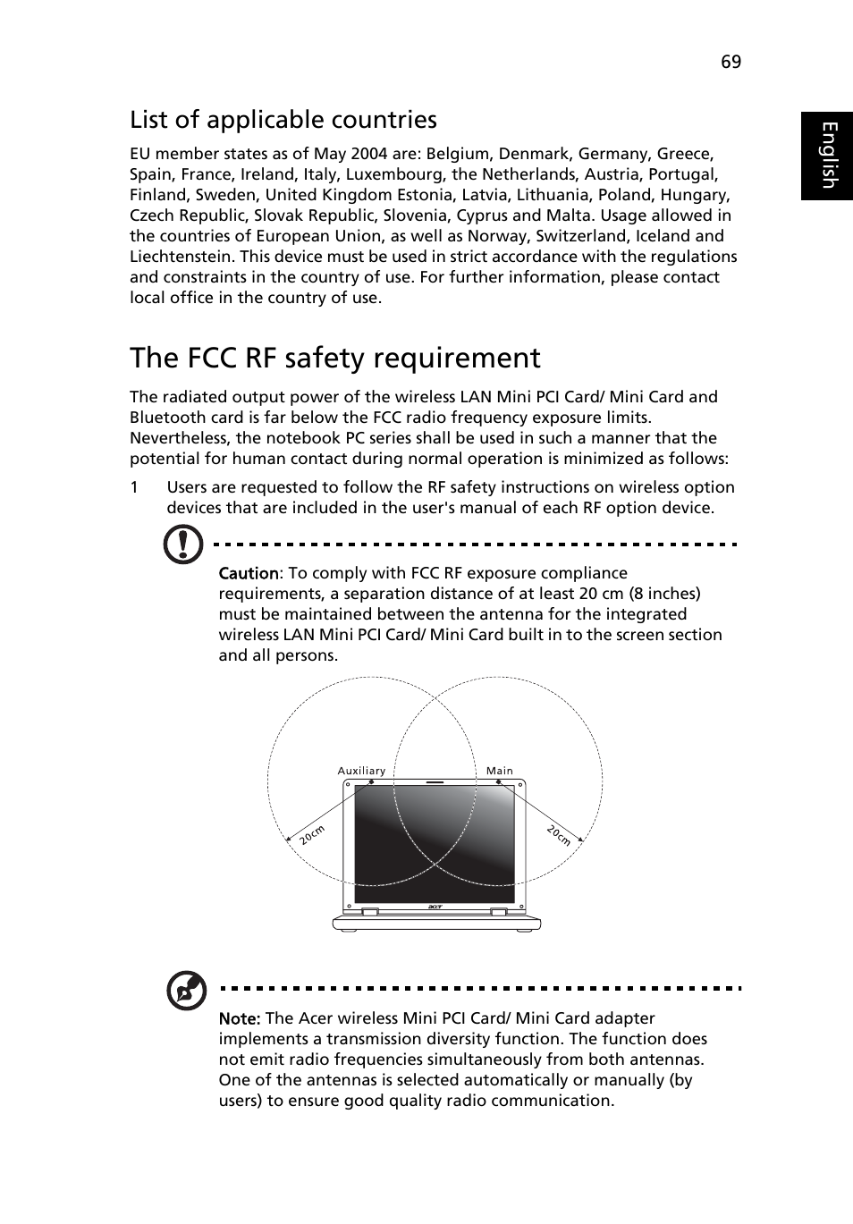 The fcc rf safety requirement, List of applicable countries | Acer TravelMate 2440 User Manual | Page 83 / 90